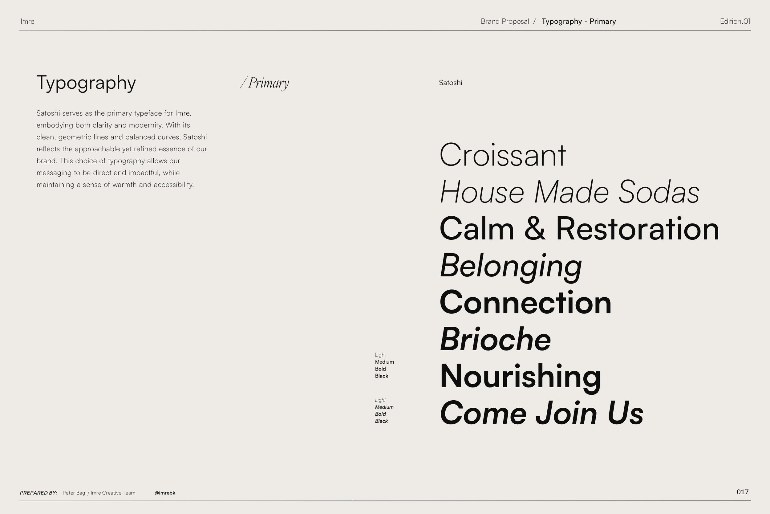 Page from a branding proposal document focusing on typography, with a section discussing the primary typeface 'Satoshi' and a list of related words in varying font sizes and styles.