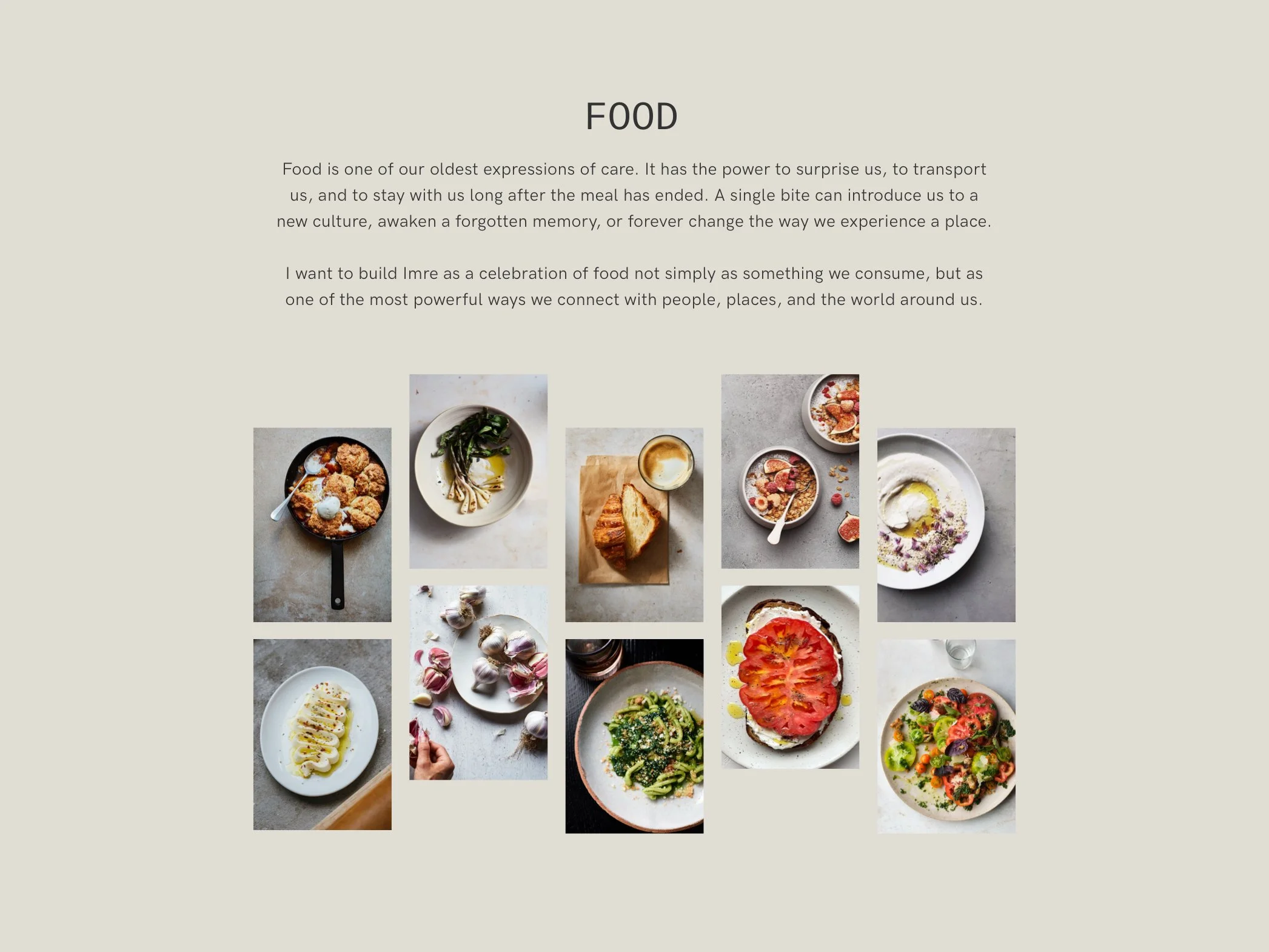 A collage of various dishes including fried chicken, greens, bread and butter, cereal with fruit, garlic, and a tomato slice with herbs.
