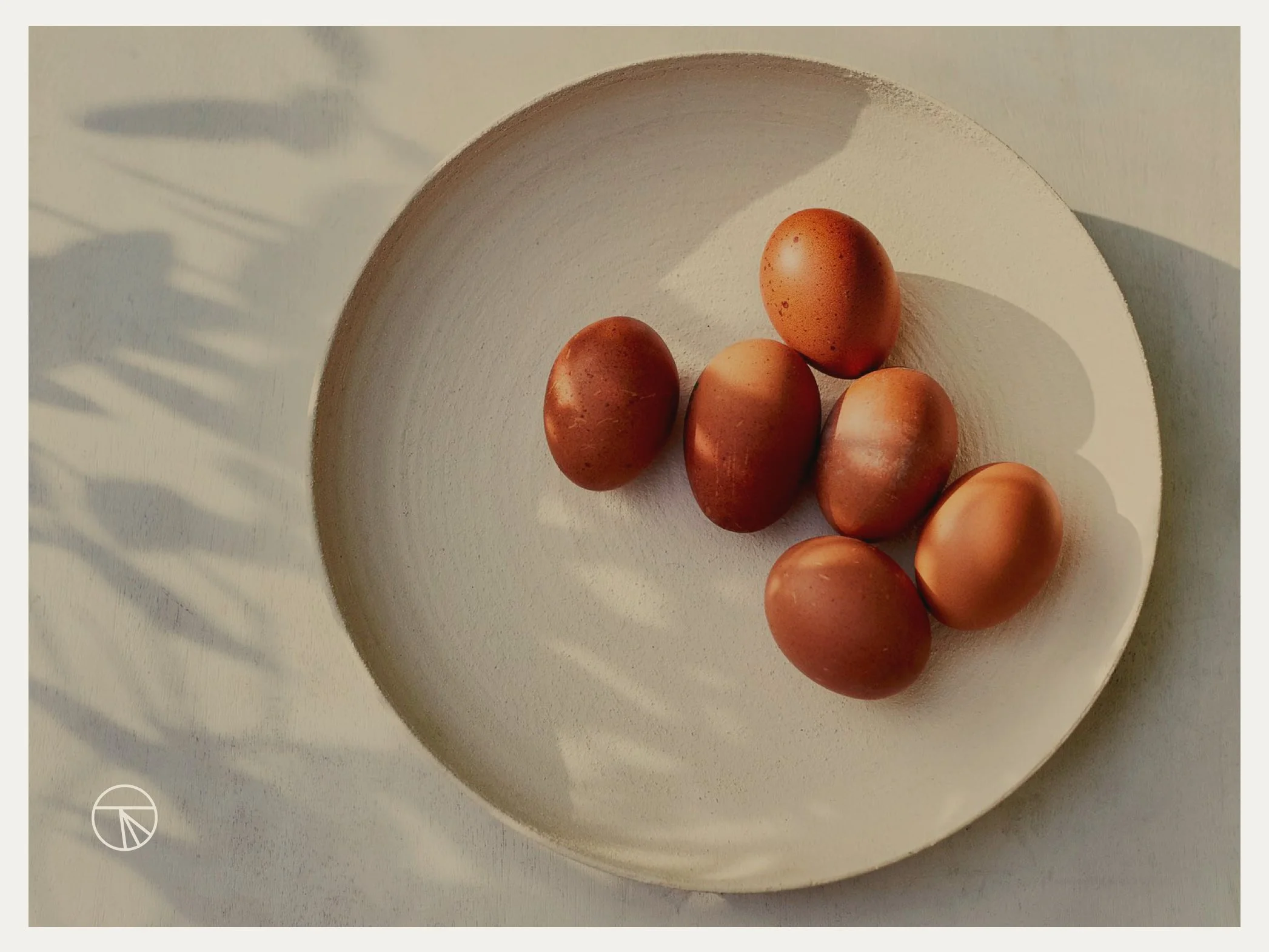 A white ceramic bowl containing seven brown speckled eggs, casting soft shadows on a light surface.