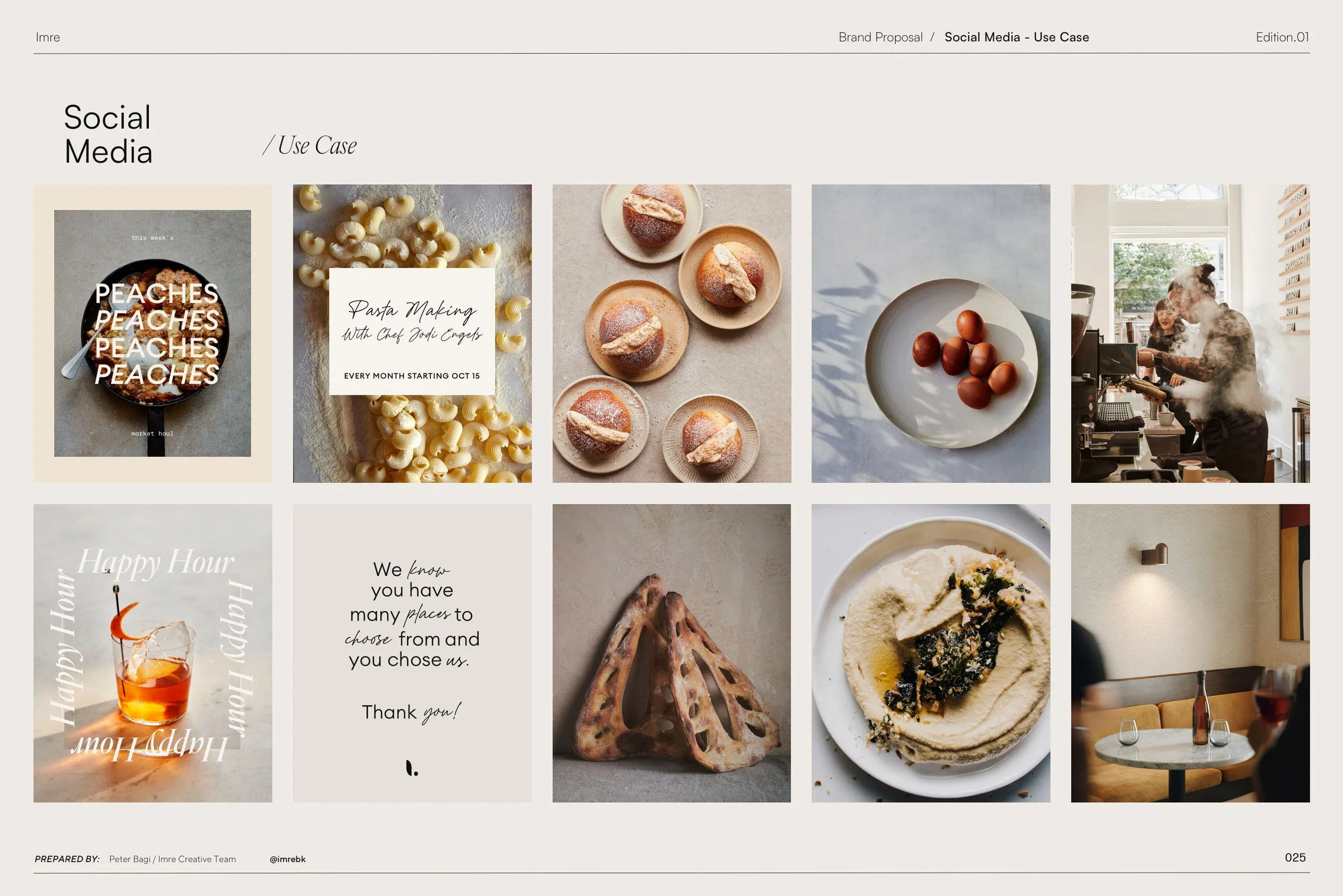 A presentation slide titled 'Social Media' displaying various images: a bowl of peaches, pasta shapes with a note about pasta making classes, a plate of baked goods, a plate of eggs, a bowl of hummus with toppings, a person operating coffee equipment, and an empty glass with a straw.