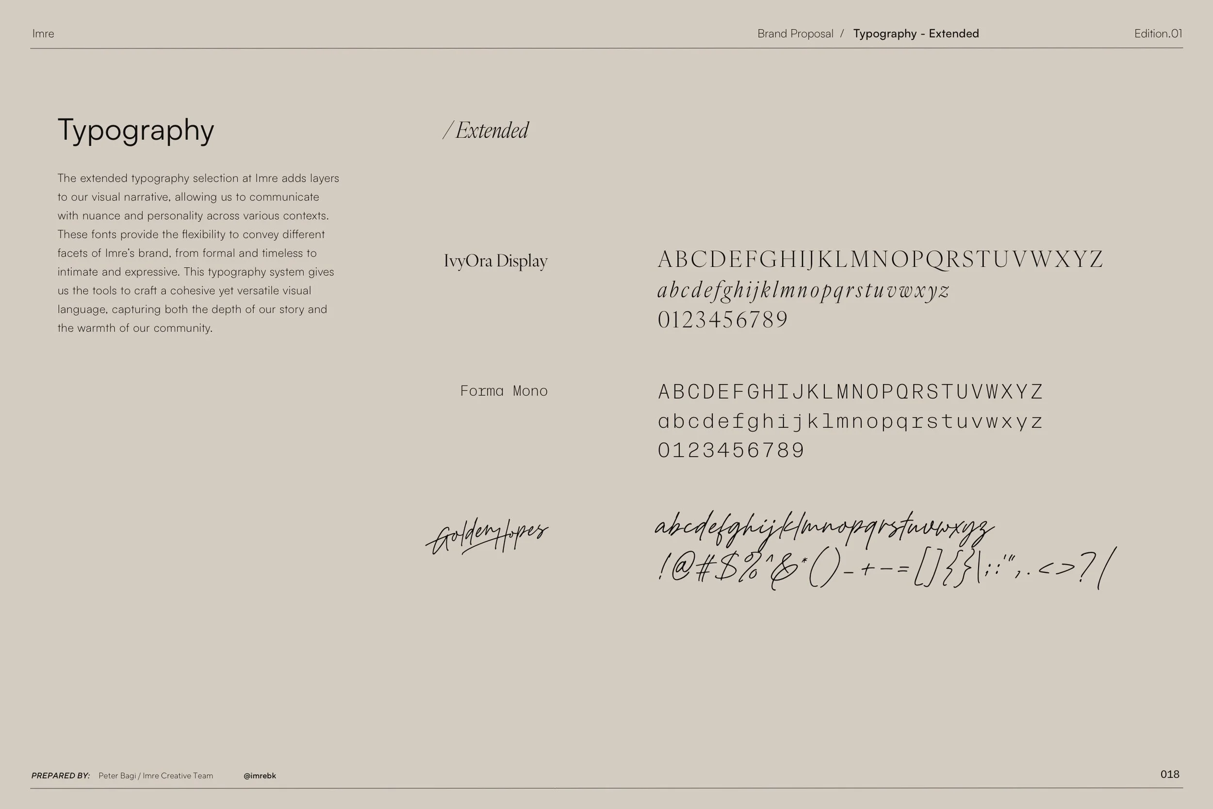 Sample typography showcase including different fonts: IvyOra Display, Forma Mono, goldenfapers, and handwritten script, with a paragraph explaining the purpose of extended typography.