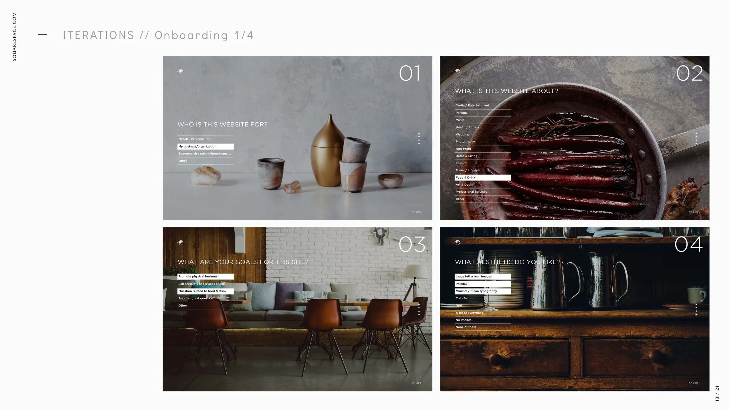 Slide presentation showing four sections with questions and images. Section 1 displays a minimalist arrangement of decorative objects, including a gold vase and cups, on a concrete background. Section 2 features a close-up photo of a cast iron skille