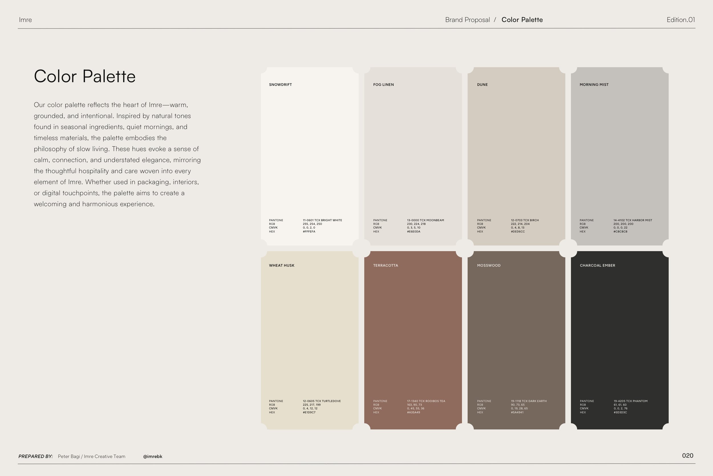 A color palette sheet with swatches labeled Snowdrift, Fog Linen, Dune, Morning Mist, Wheat Husk, Terracotta, Mosswood, Charcoal Ember, Turtle Dove, Roibus Tea, Dark Earth, Phantom, and others, with their respective color codes and descriptions.