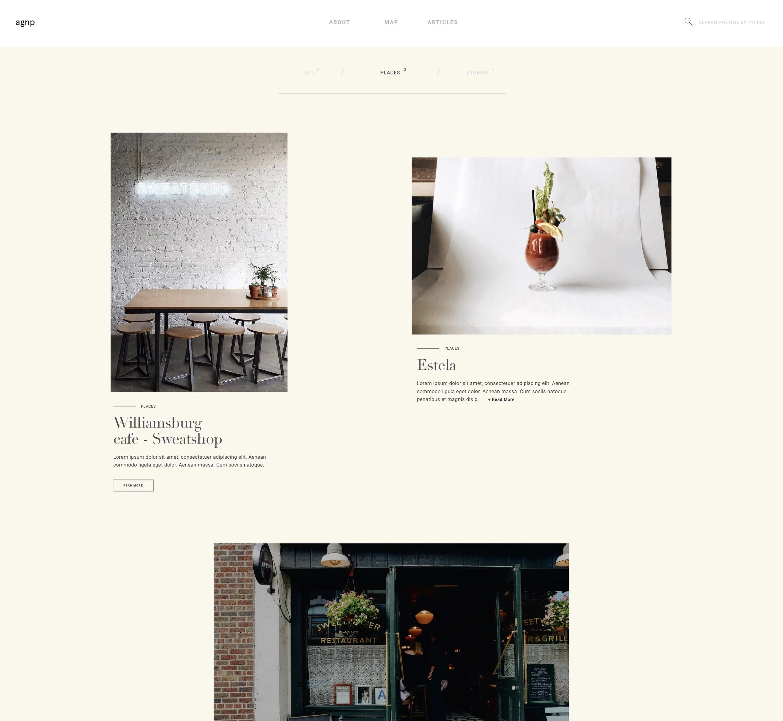 The image shows a webpage featuring a real estate or photography site with a minimalistic design. The top navigation includes links for About, Map, and Articles, along with a search icon. The main section displays two large images side by side: on th