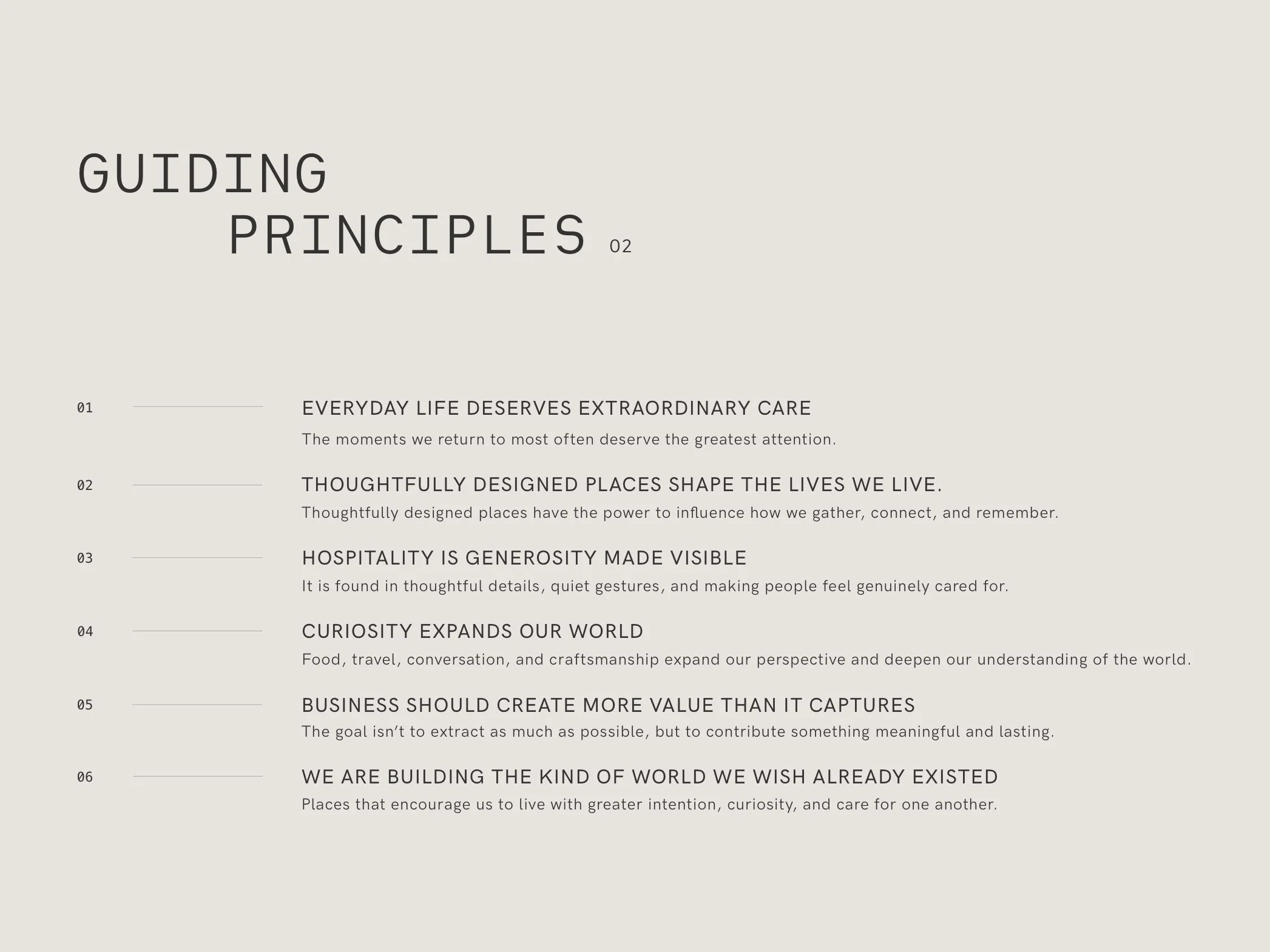 A presentation slide titled 'Guiding Principles' listing six principles related to everyday life, thoughtful design, hospitality, curiosity, business, and building a better world, with brief descriptions for each.