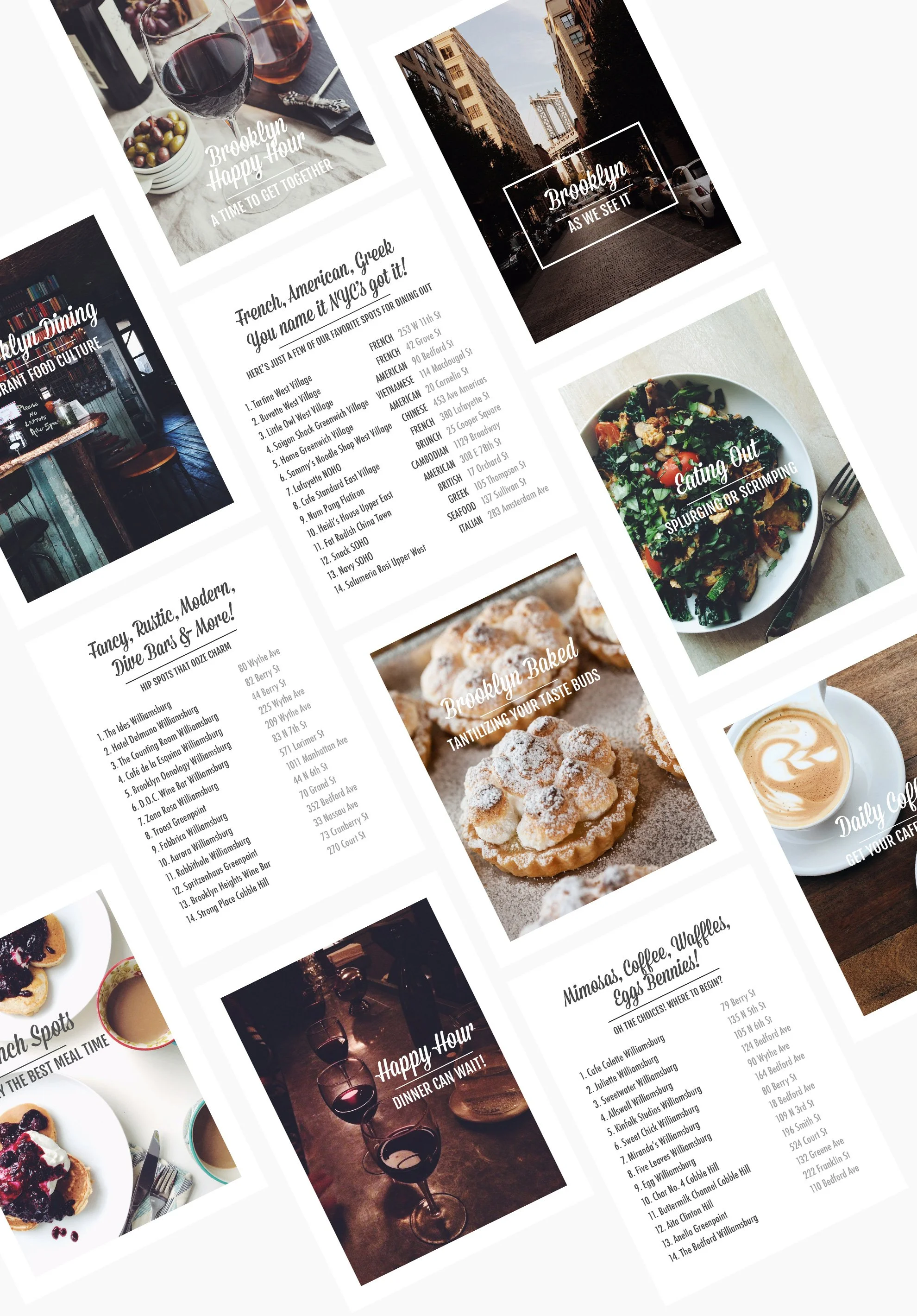 A collage of various restaurant and food-related images, including wine glasses, cityscape, salads, baked goods, coffee, and restaurant menus.