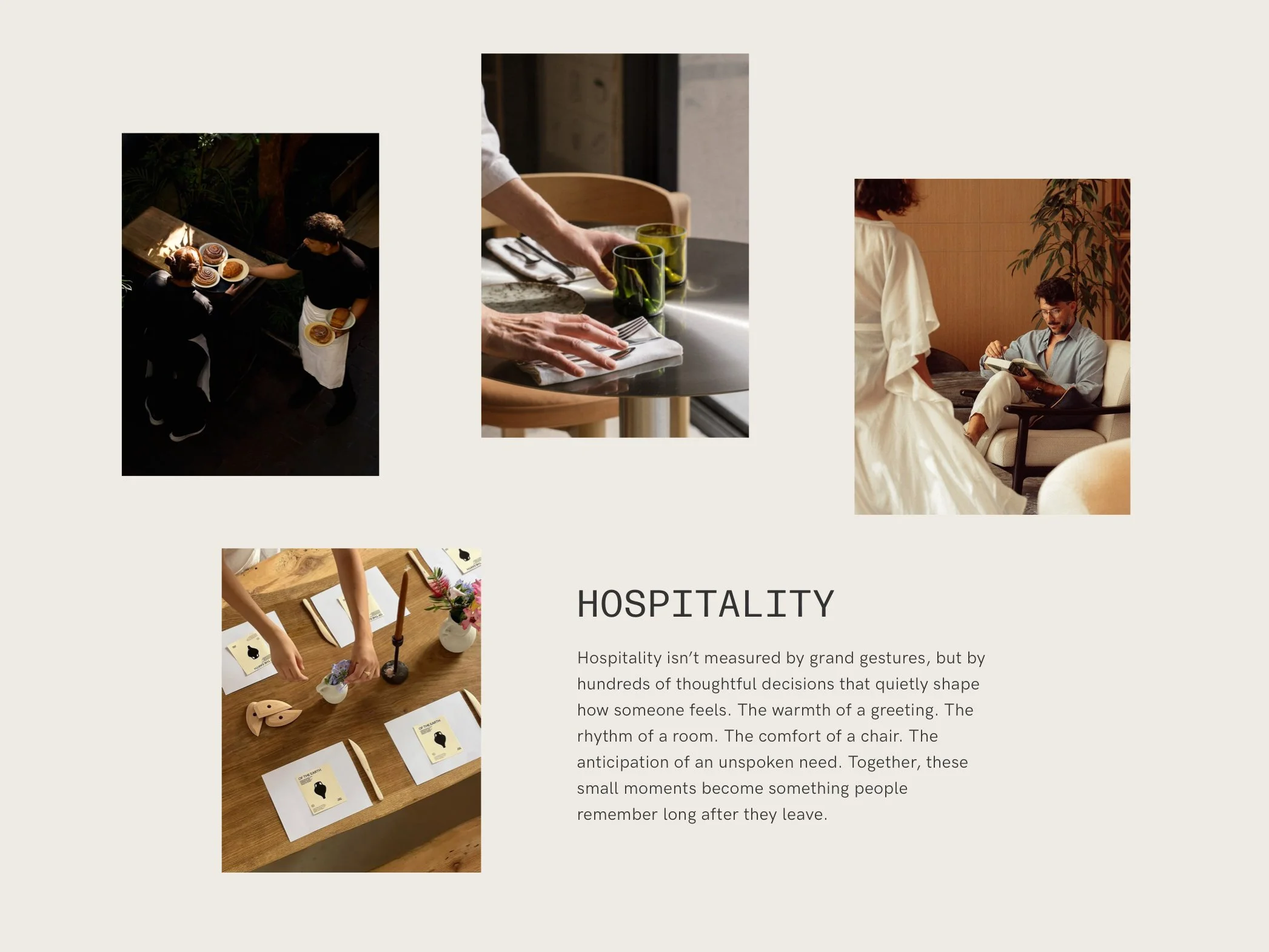 Three images related to hospitality. The first shows two people in black attire handing plates with cinnamon rolls and other baked goods. The second shows a person serving drinks in green glasses at a table. The third shows a woman in a white dress a
