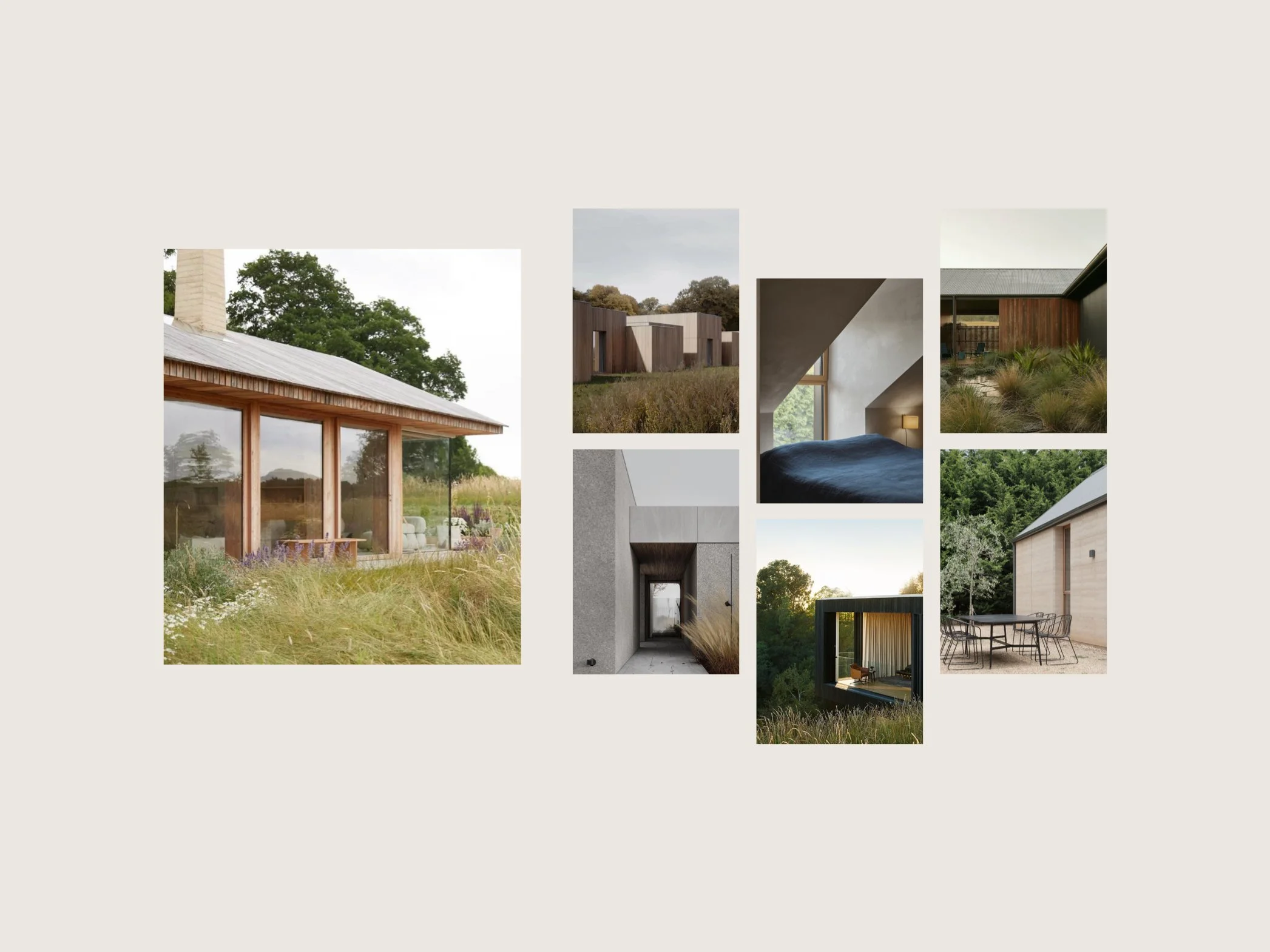 Collage of modern residential buildings surrounded by nature, including trees, grass, and outdoor furniture.