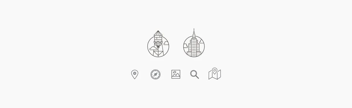 Icons representing landmarks, skyscraper, location pin, target, scenery, magnifying glass, and map.
