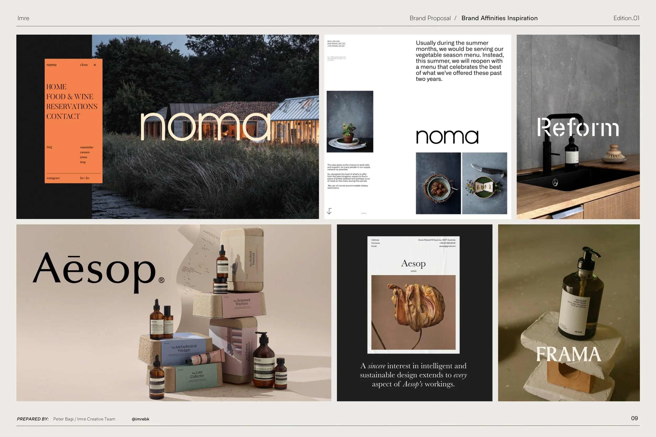 A collage of images featuring the brand 'noma', a rustic house, and aesthetic product display with bottles and boxes of skincare or cosmetic products. There is also a gray concrete kitchen sink area with the word 'Reform'.