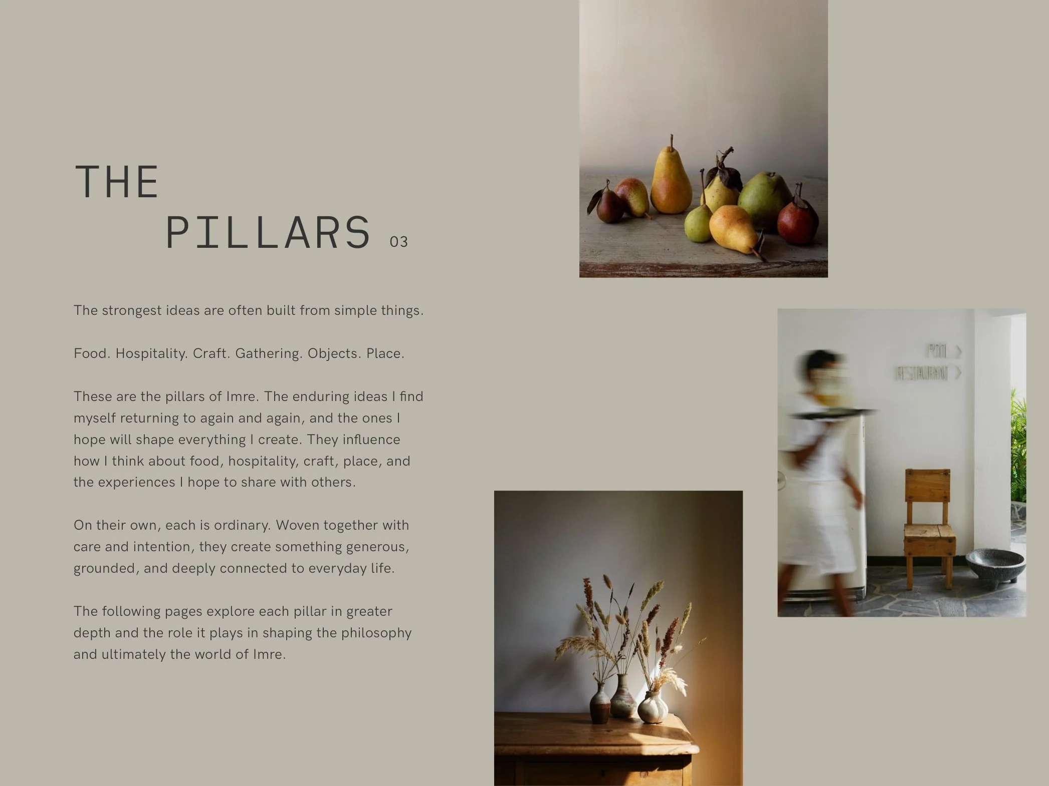 A collage of pages from a book titled 'The Pillars', featuring images of pears, pears on a table, and a person walking inside a modern, minimalistic space.