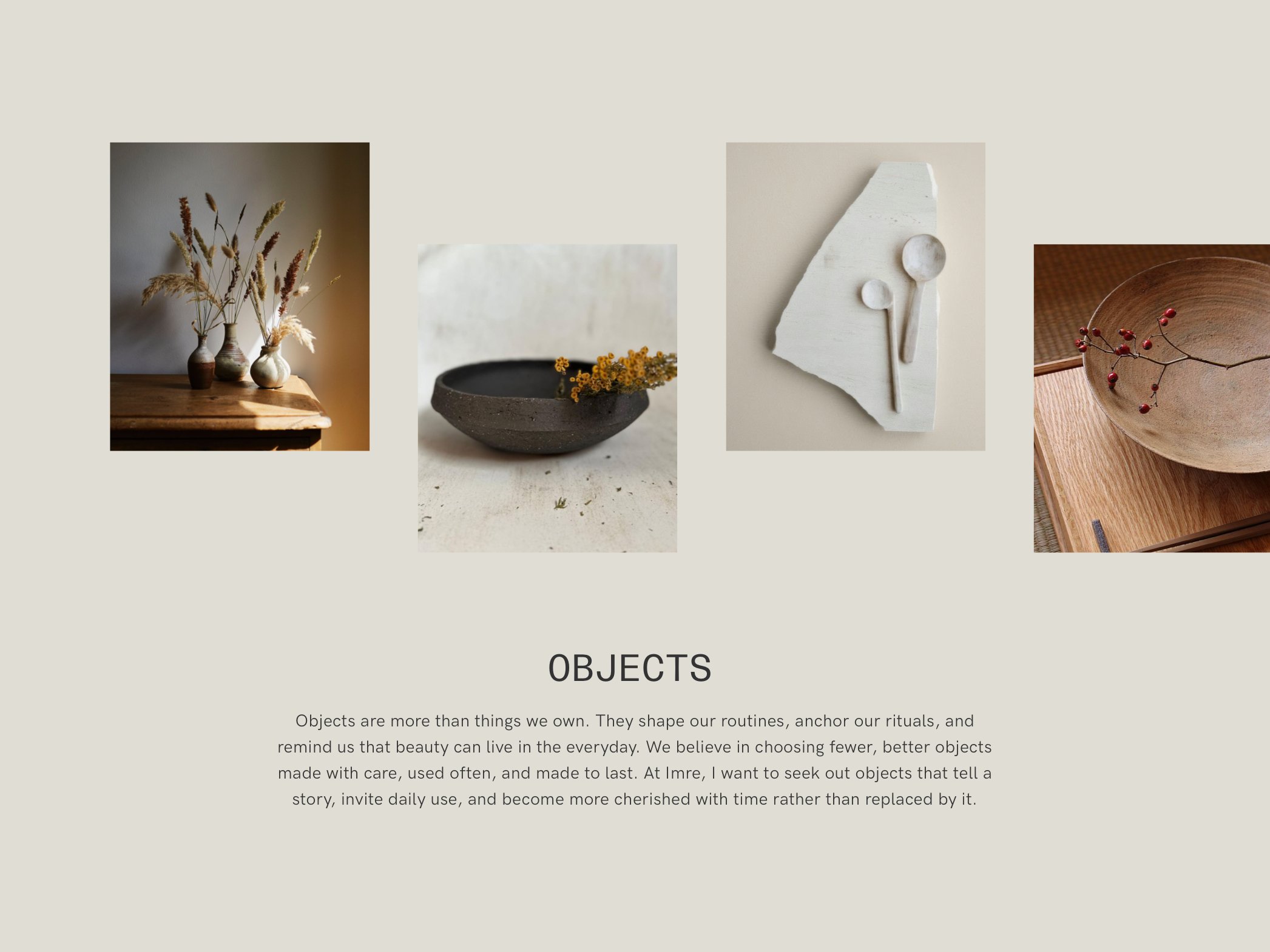 A collage of four different art objects including dried flower arrangements in vases, a black bowl with yellow flowers, a white carved sculpture, and a wooden bowl with a branch with red berries.