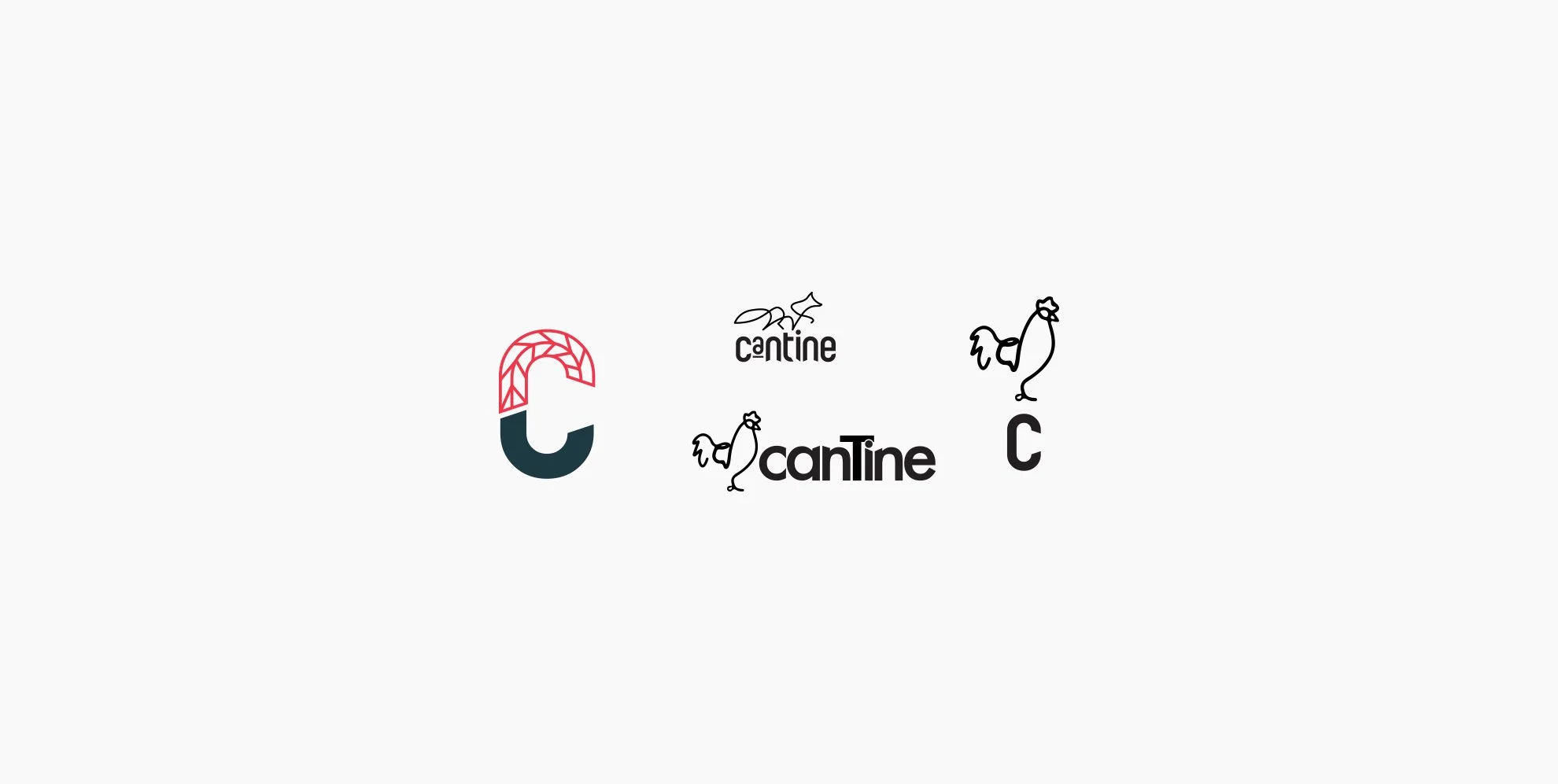 Series of logos combining the letter C, a rooster, and the word "cantine" with one logo featuring a stylized c shaped like a taco and others with different stylized rooster images.