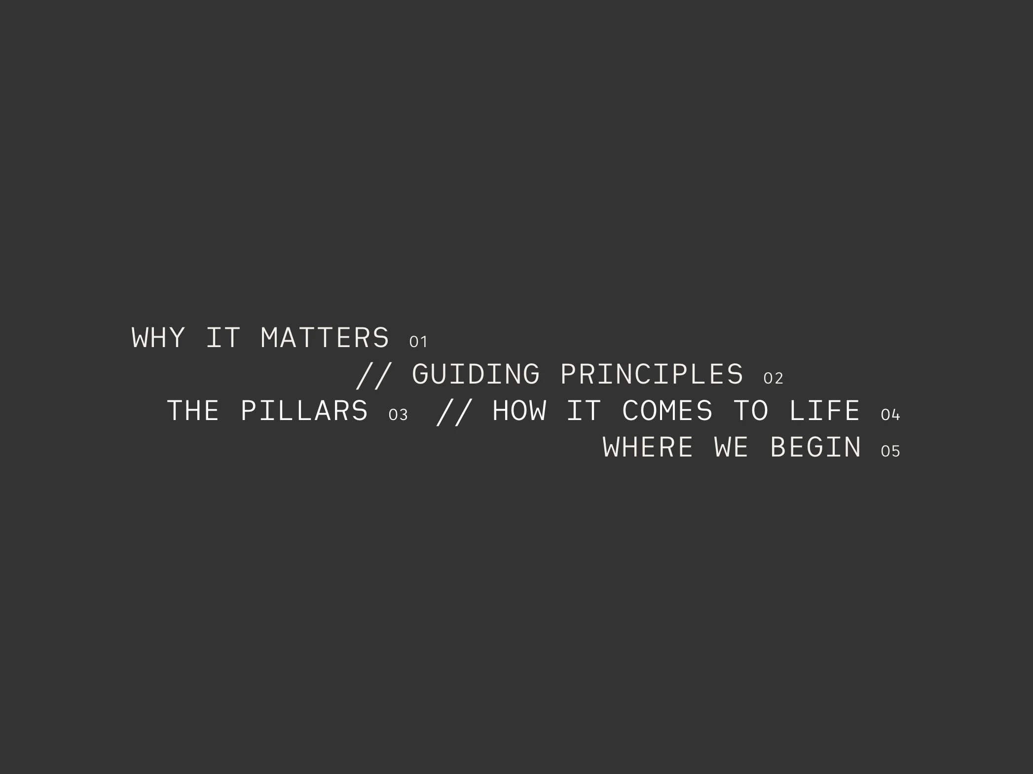 A dark gray background with white text listing key topics: 'Why it matters,' 'Guiding principles,' 'The pillars,' 'How it comes to life,' and 'Where we begin'.