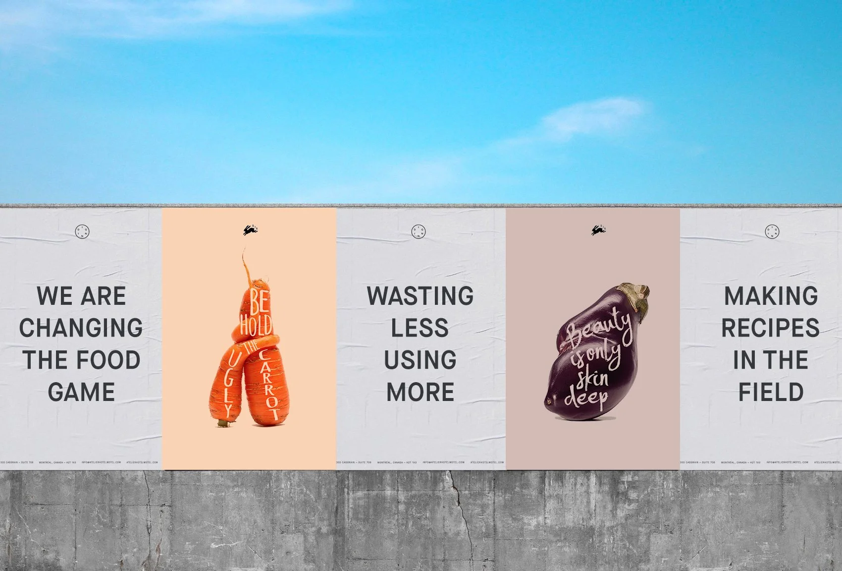 A billboard with three sections. The first says 'We are changing the food game' with an image of a carrot with text 'Behold the ugly carrot.' The middle says 'Wasting less using more' with an eggplant that has text 'Beauty is only skin deep.' The last section says 'Making recipes in the field'.