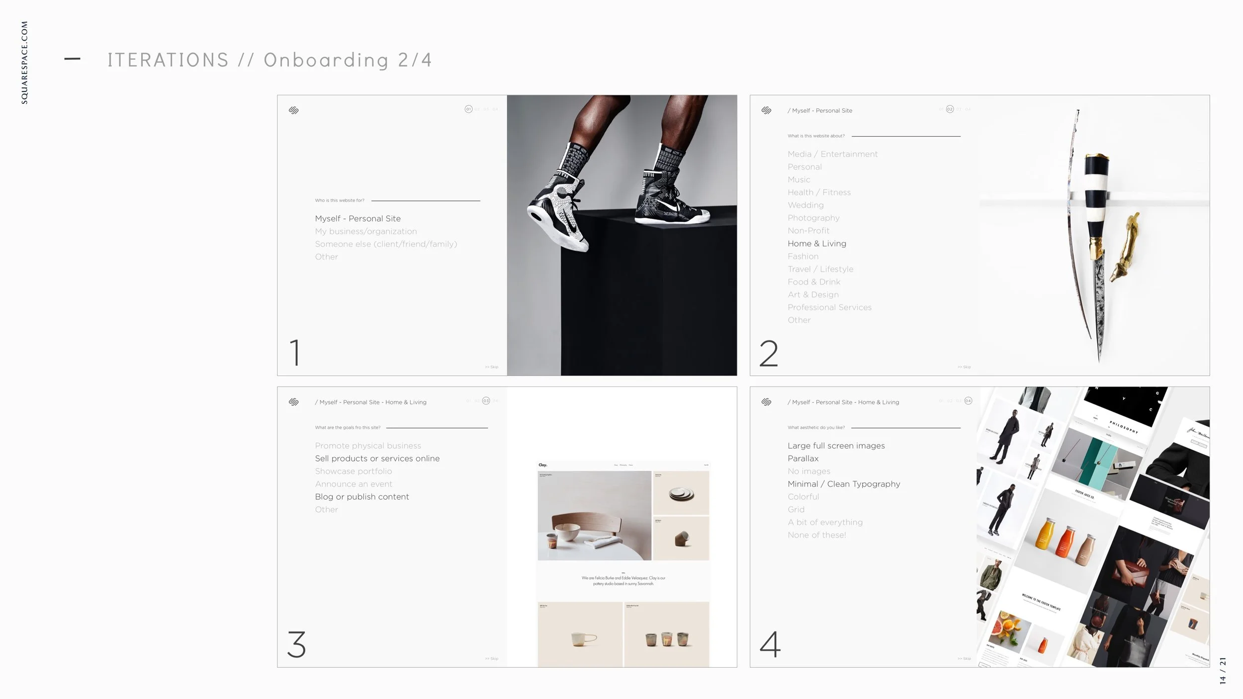 A digital presentation slide showing a fashion or e-commerce website with section titled 'ITERATIONS // Onboarding 2/4'. It features images of sneakers, jewelry, interior design, and clothing, along with text discussing website goals, personal site d
