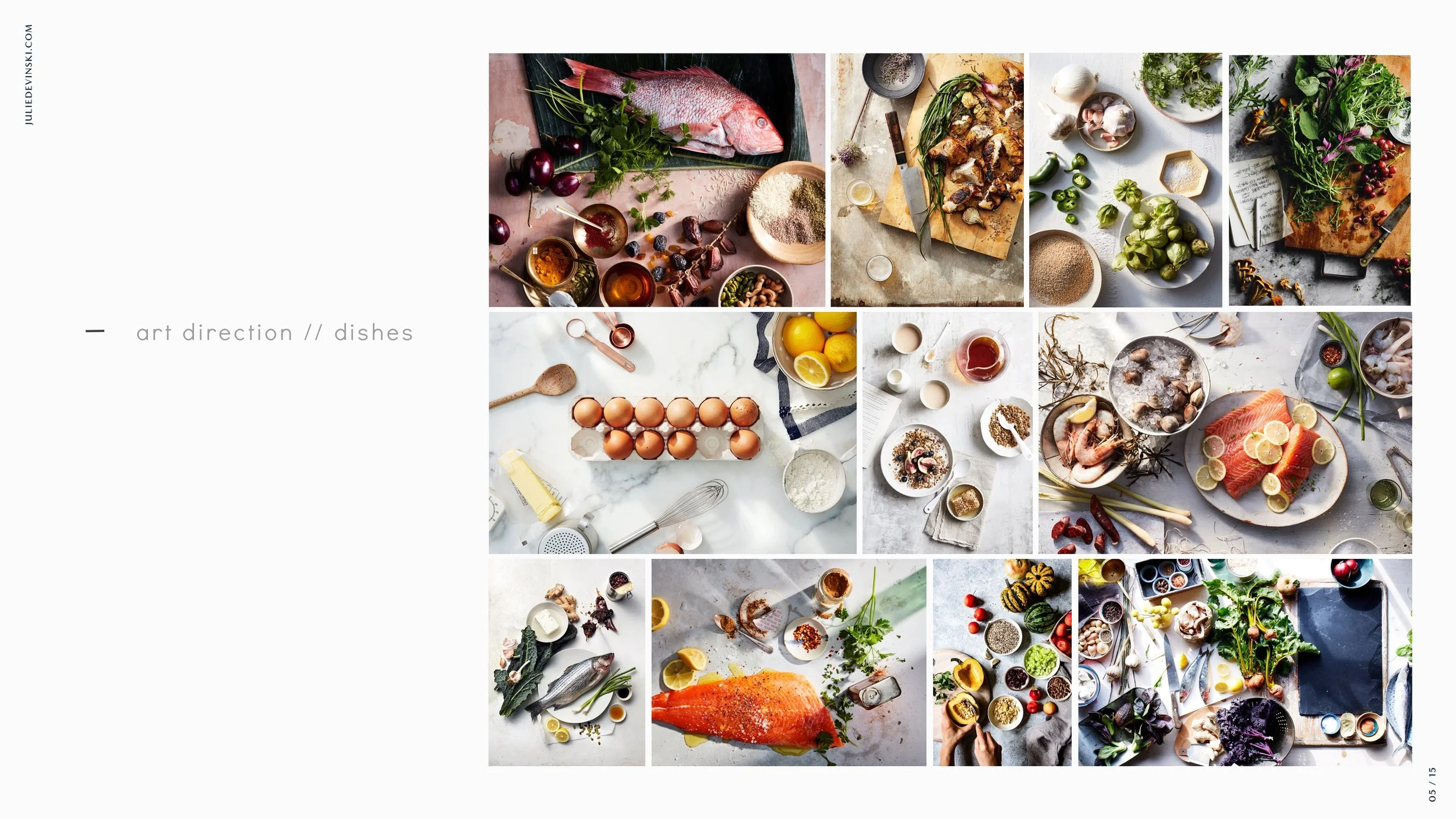 Collage of various fresh ingredients and dishes, including fish, eggs, vegetables, herbs, and prepared meals, arranged on different surfaces.
