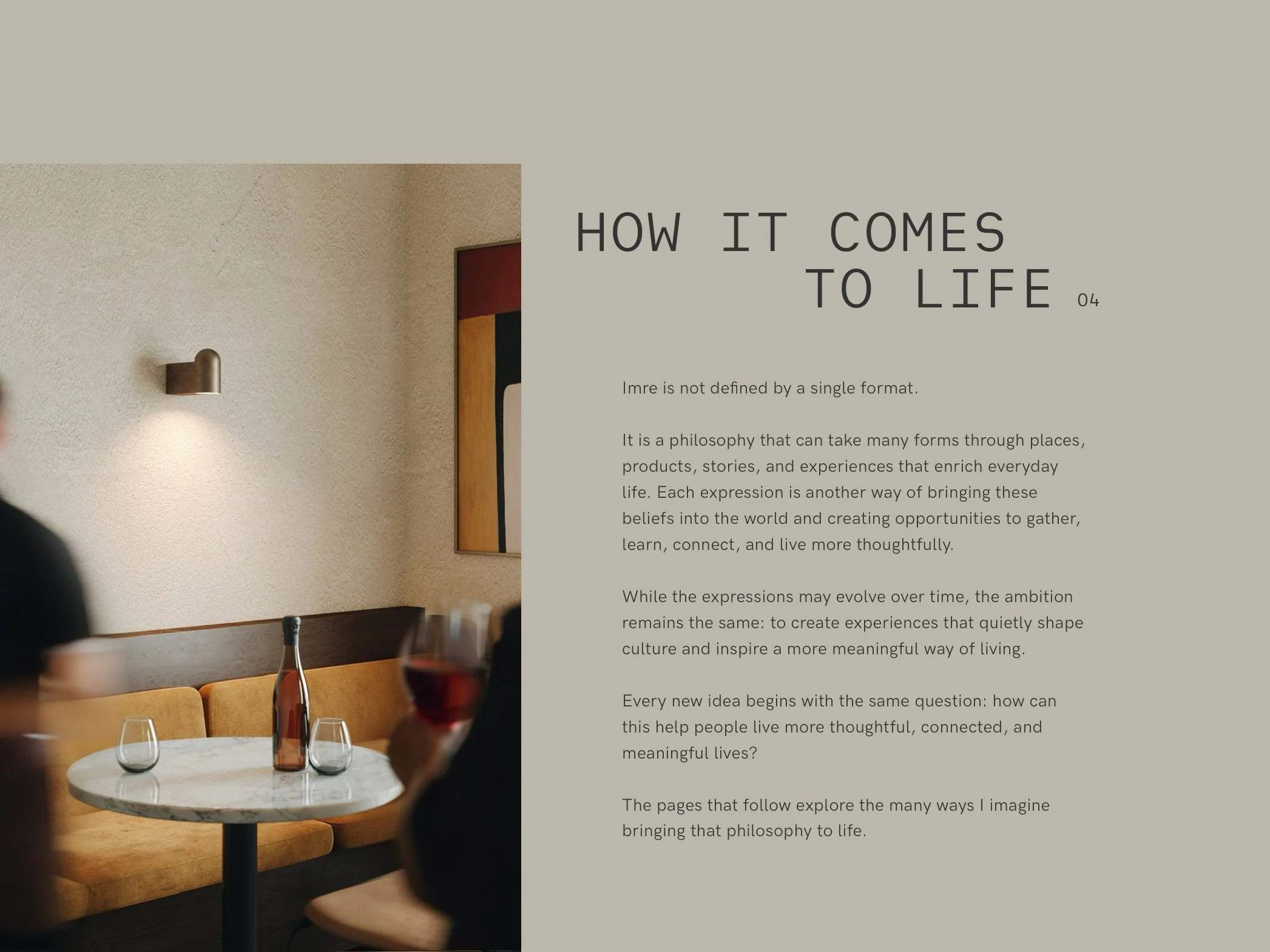 Part of a room with a beige textured wall, a small wall-mounted lamp, a framed piece of artwork, and a round table set with two wine glasses and a bottle. The image includes text discussing the philosophy of life and expression.