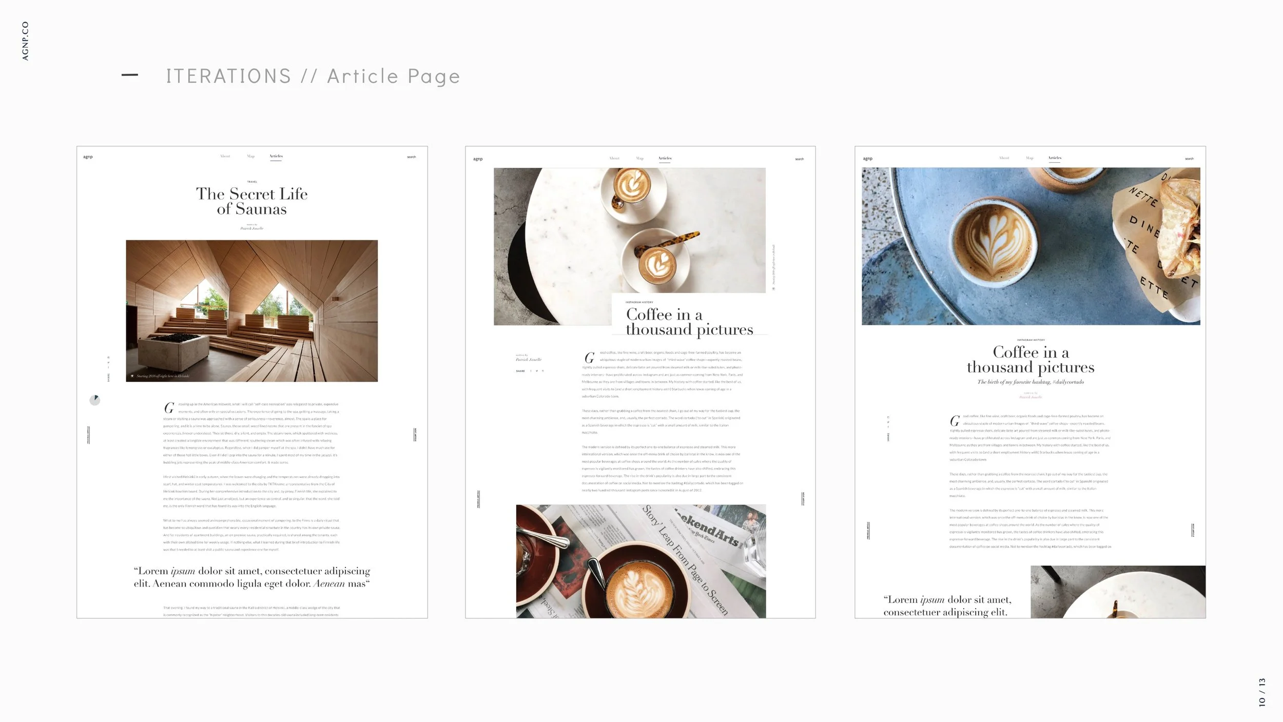 Three web page layouts, each with images of coffee cups with heart-shaped latte art, and articles with text, one also featuring a plate of food and a newspaper.