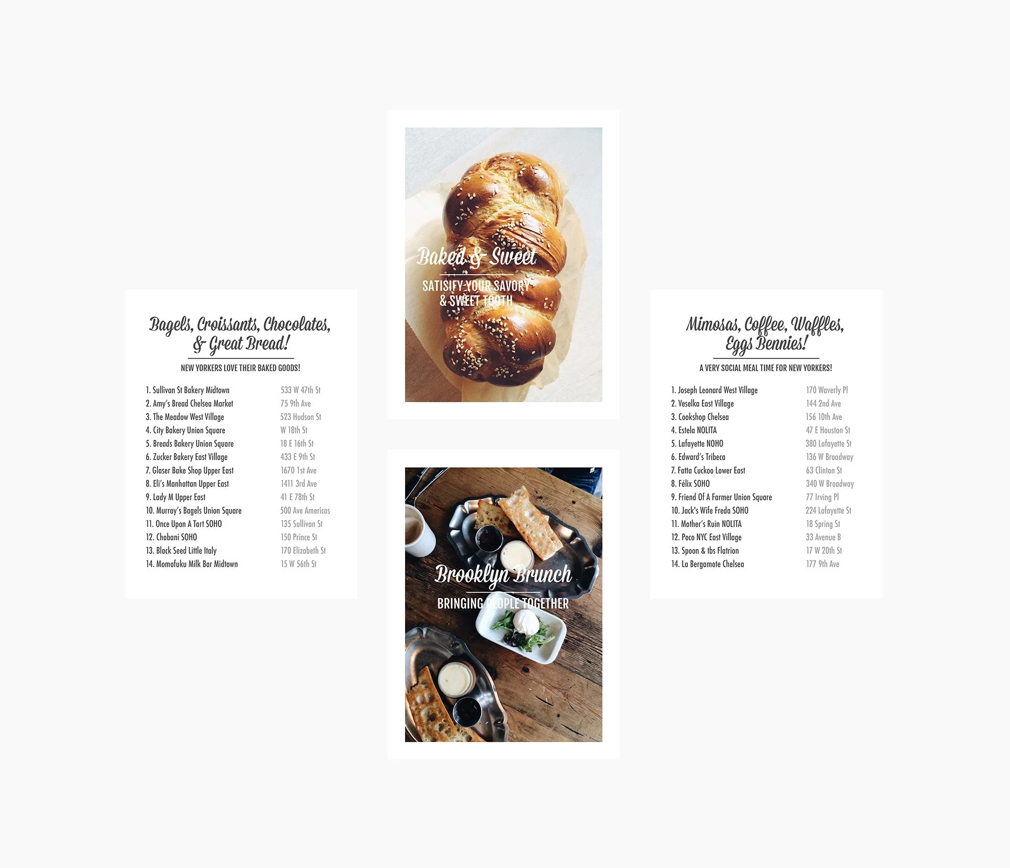 A social media post with two photos of bakery items. The first photo shows a braided bread with sesame seeds. The second photo shows a tray of bread, cookies, and dipping sauces on a wooden table. The post promotes baked goods and brunch, emphasizing