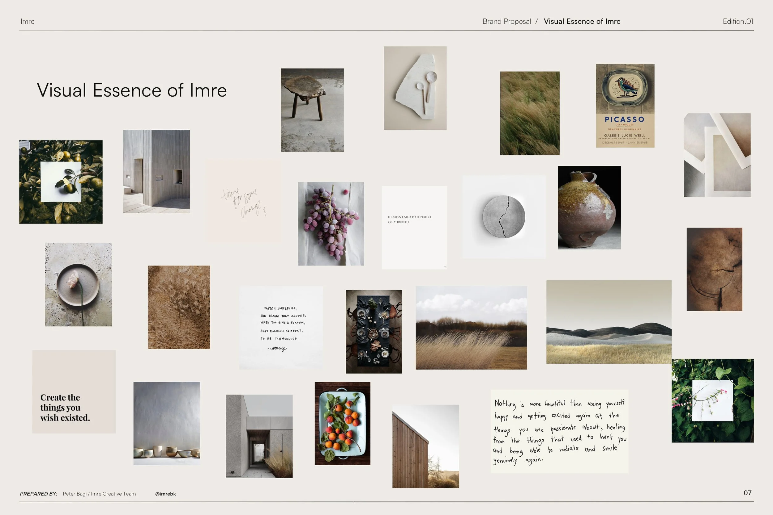 A collage of various images and text with a focus on minimalism and natural elements, including photos of a tree branch, pottery, a field, a fork and spoon on a plate, a textured surface, a branch with pink berries, a cracked stone, and handwritten quotes about change and happiness.