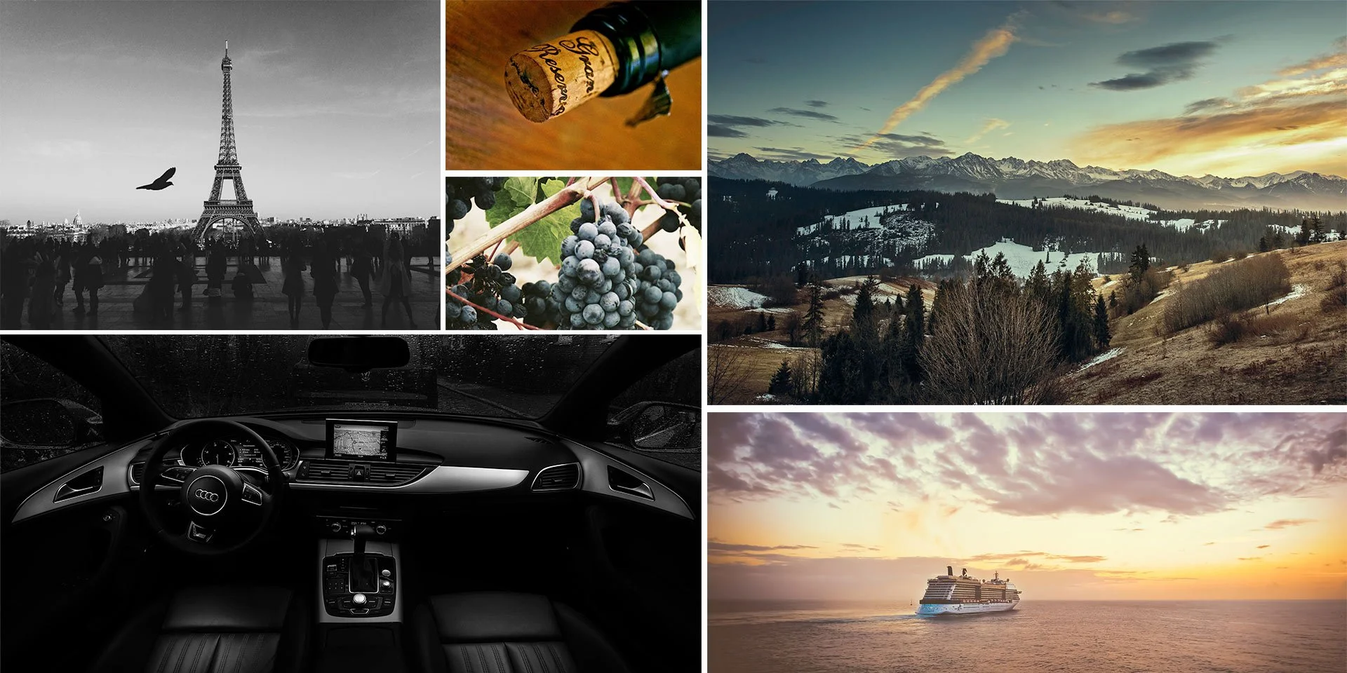 A collage of six photographs showing scenes from France, including the Eiffel Tower, grapes, a vineyard landscape, an Audi car interior, a sunset over the ocean with a cruise ship, and a window view of the sky.