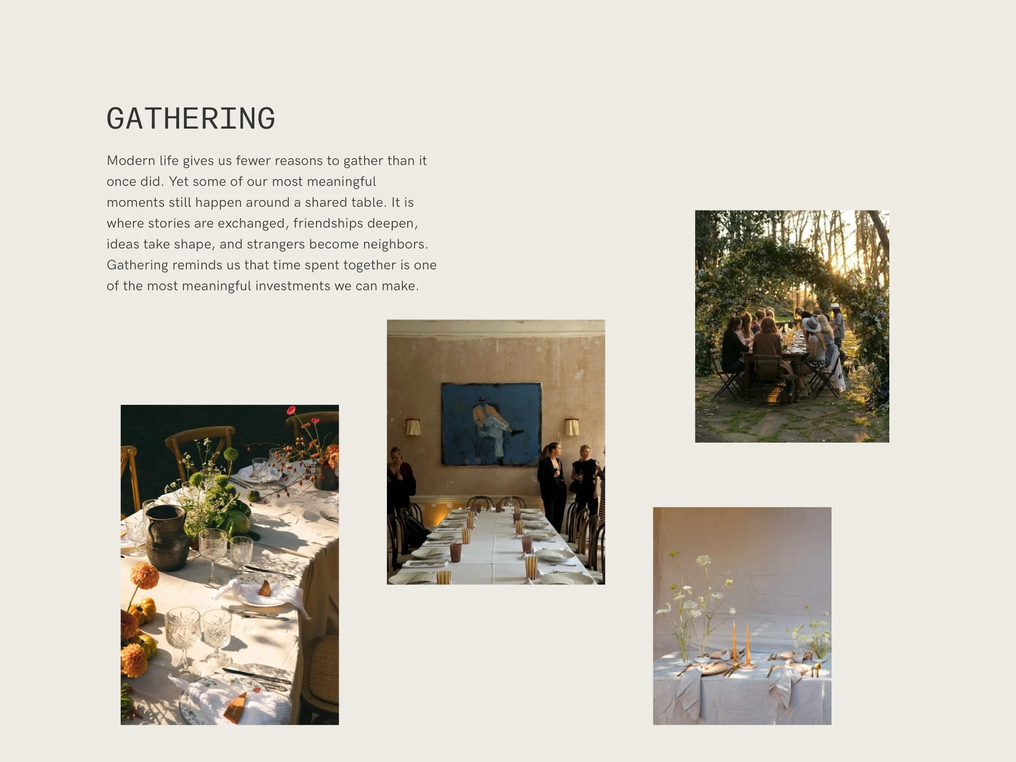 A collage of images featuring a gathering or celebration. Includes a group of people sitting at a table outdoors with sunlight filtering through trees, an elegantly set dining table indoors with artwork on the wall, and another table with floral arra