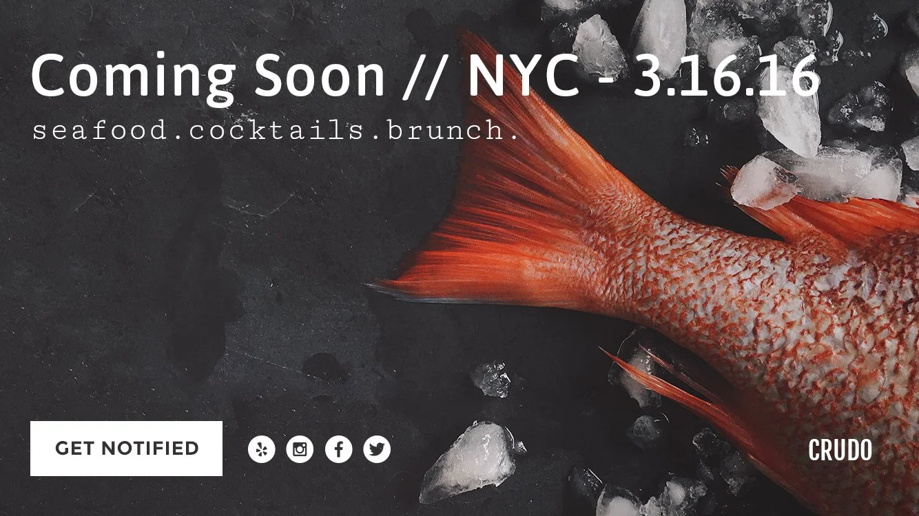 Announcement for a new restaurant opening in New York City on March 16, 2016, featuring seafood, cocktails, and brunch, with a background image of a red fish on a bed of ice.
