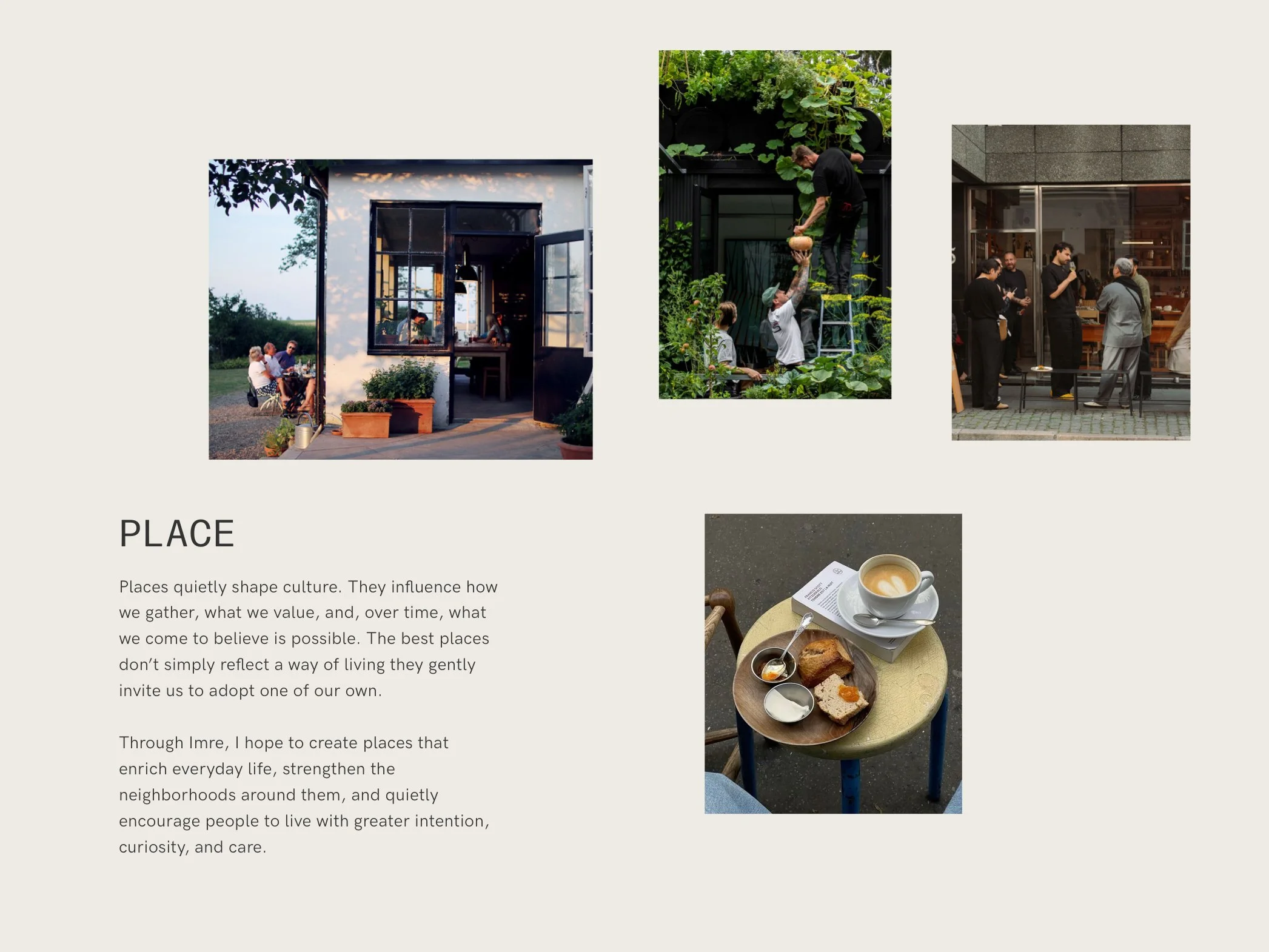 Three images: a family dining outdoors at sunset, a person harvesting produce in a garden, and a group of people having a discussion outside a cafe.