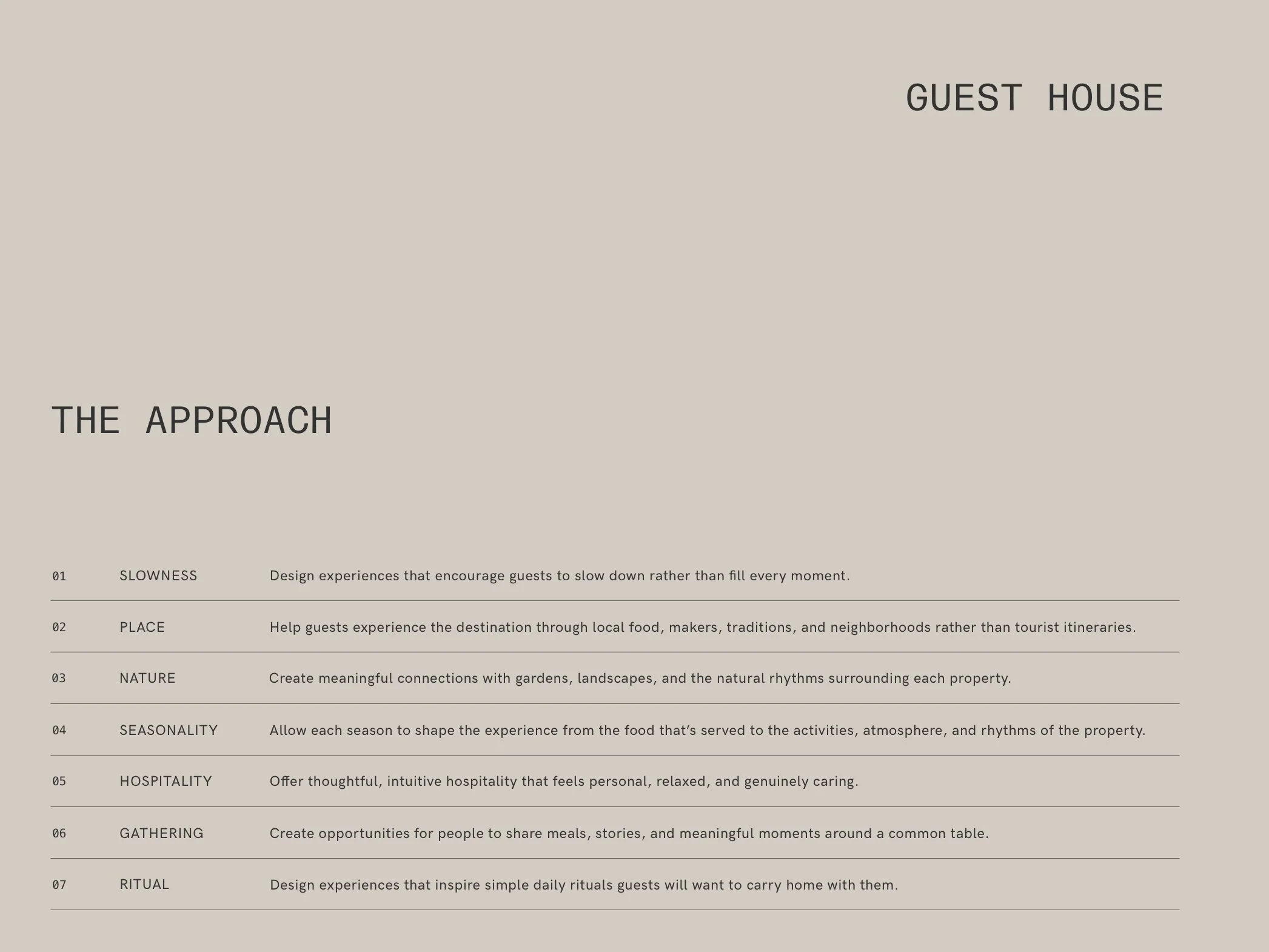 Page from a guide explaining the approach to guest house design, emphasizing slow pacing, local experiences, connection with nature, seasonality, hospitality, gathering, and rituals.