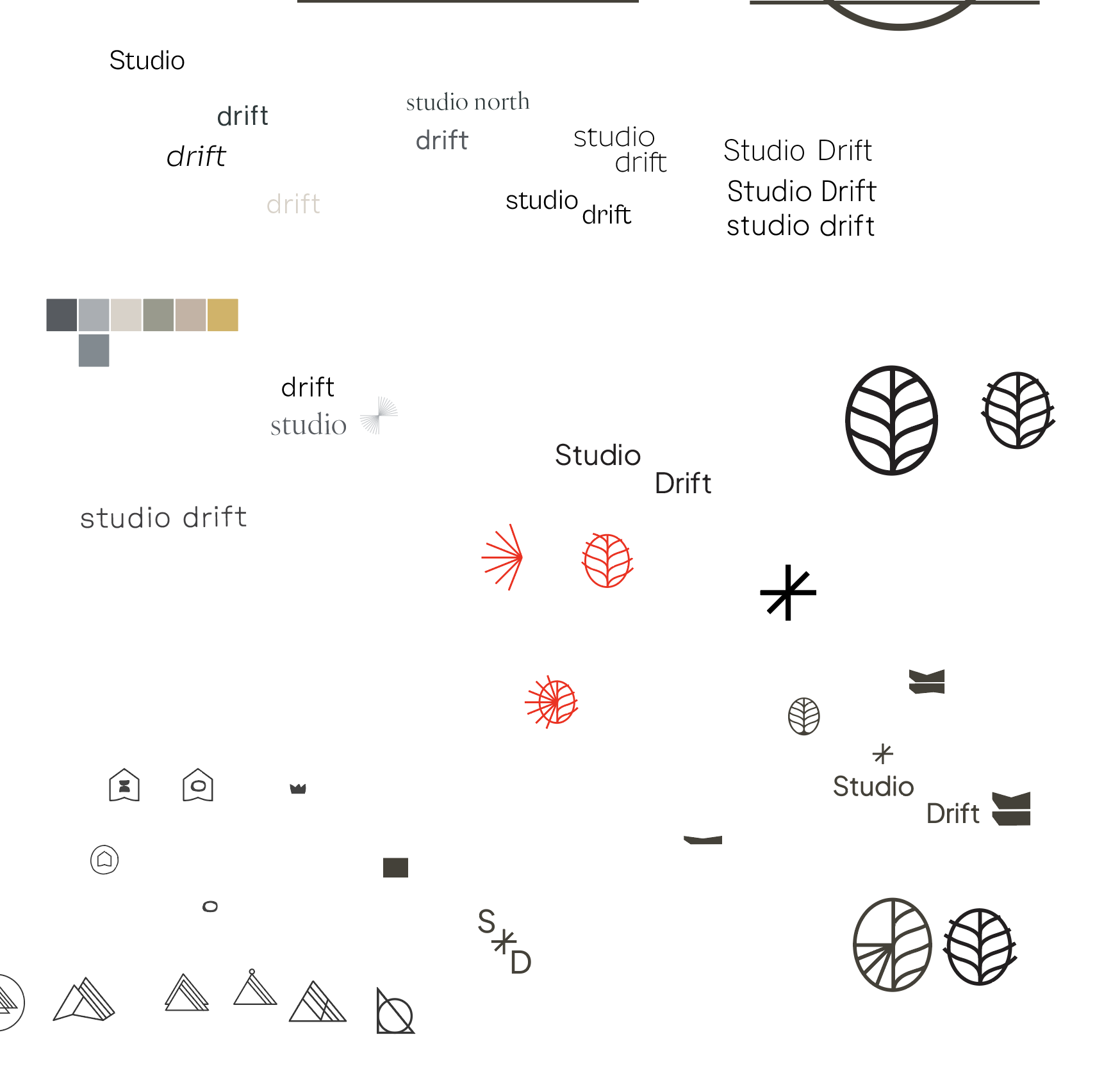 Design with the words 'studio' and 'drift' repeated in various fonts and sizes, accompanied by stylized leaves, icons, and abstract shapes in black, gray, and red colors.