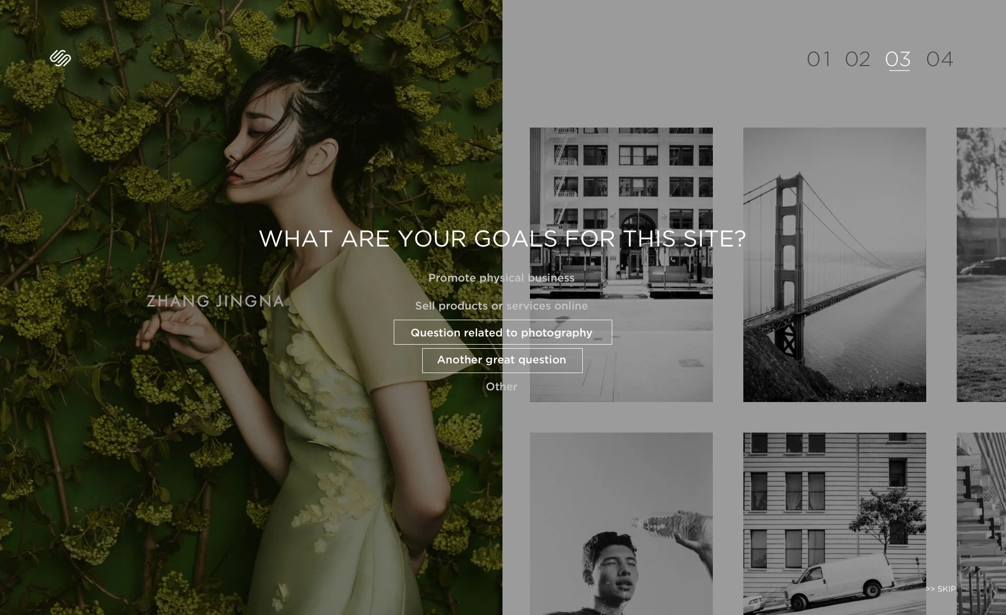A website homepage with a large photo of a woman with dark hair lying on green leaves with yellow flowers, looking to the side. The site has a gray background with navigation dots at the top and text overlay asking, "What are your goals for this site?" with options to promote business, sell products or services, ask questions about photography, or other.