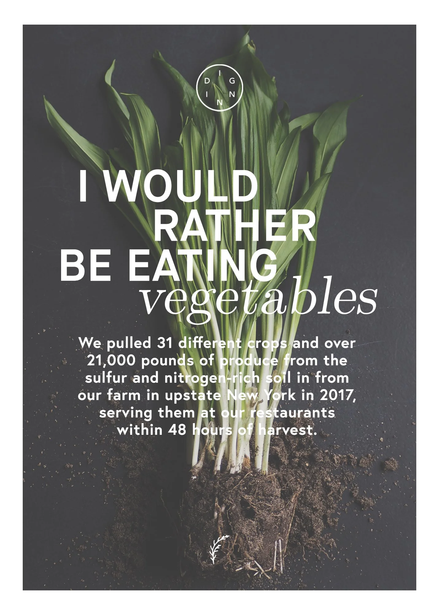 Green leafy vegetable sprouting from dark soil with text overlay about harvesting and eating vegetables from a farm in New York.