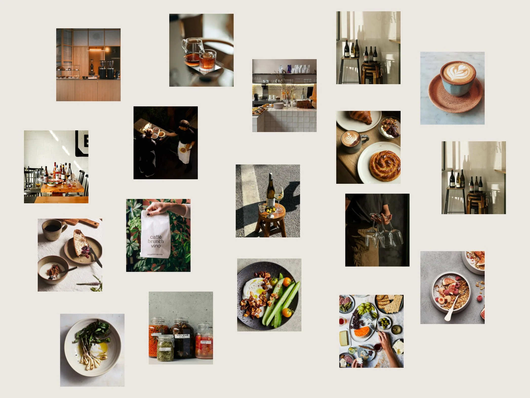 Collage of photos from a café or coffee shop. Includes images of coffee, baked goods, and food items, along with interior shots of the café and people enjoying drinks and food.