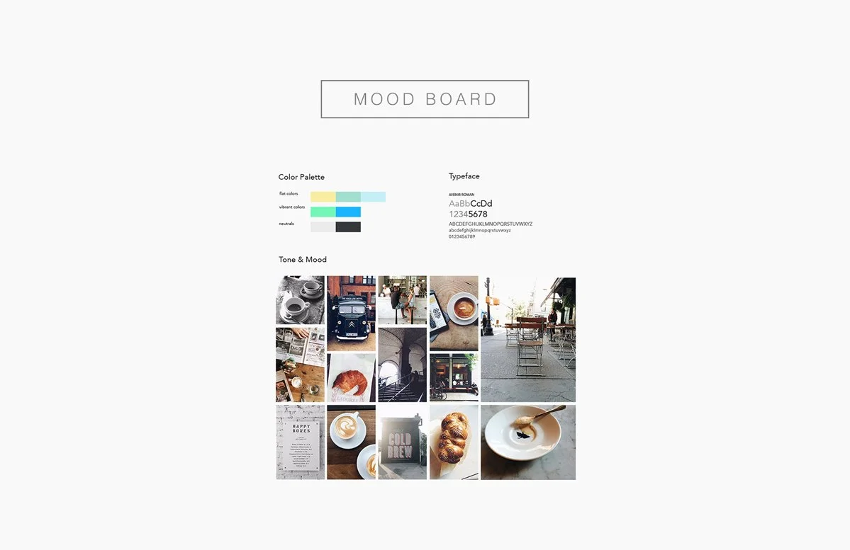 A digital mood board featuring a color palette with flat, vibrant, and neutral colors, a font sample of Avenir Roman, and various photos of coffee, food, urban scenes, and cafes.