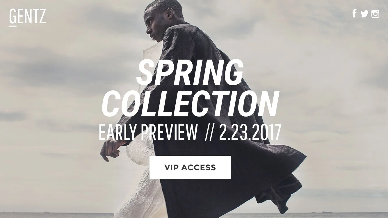 A man walking along the beach under a cloudy sky, promoting a spring collection early preview event on February 23, 2017, with social media icons in the top right corner.