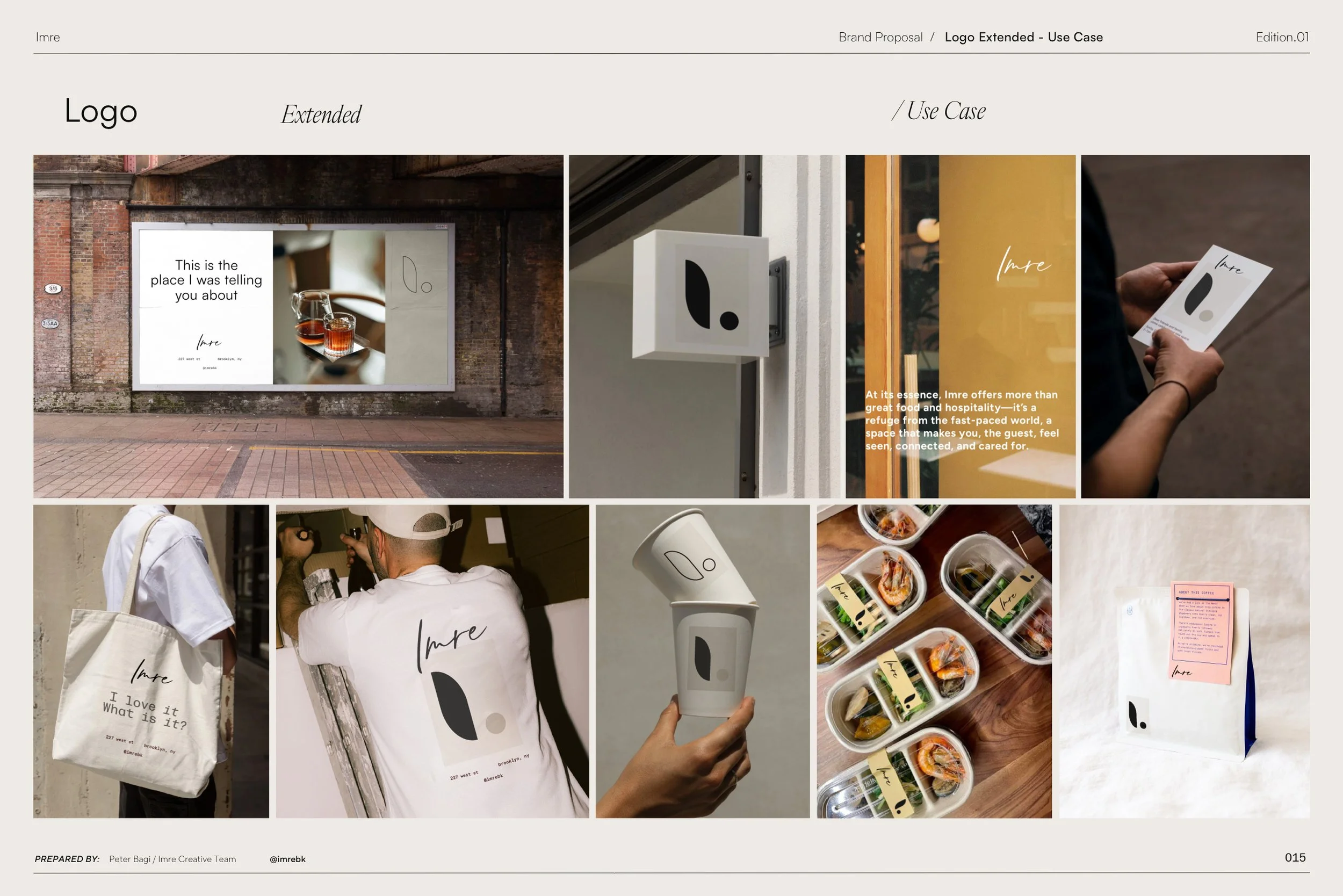 Collage of images showcasing branding materials for Imre, including a logo, promotional signage, and a person holding a business card.