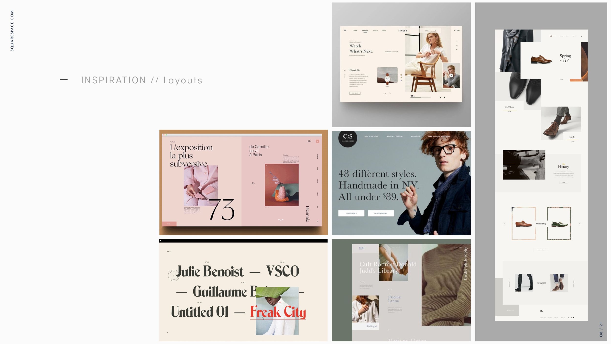 Collage of various web page layouts featuring fashion, jewelry, and product designs with text in English and French.