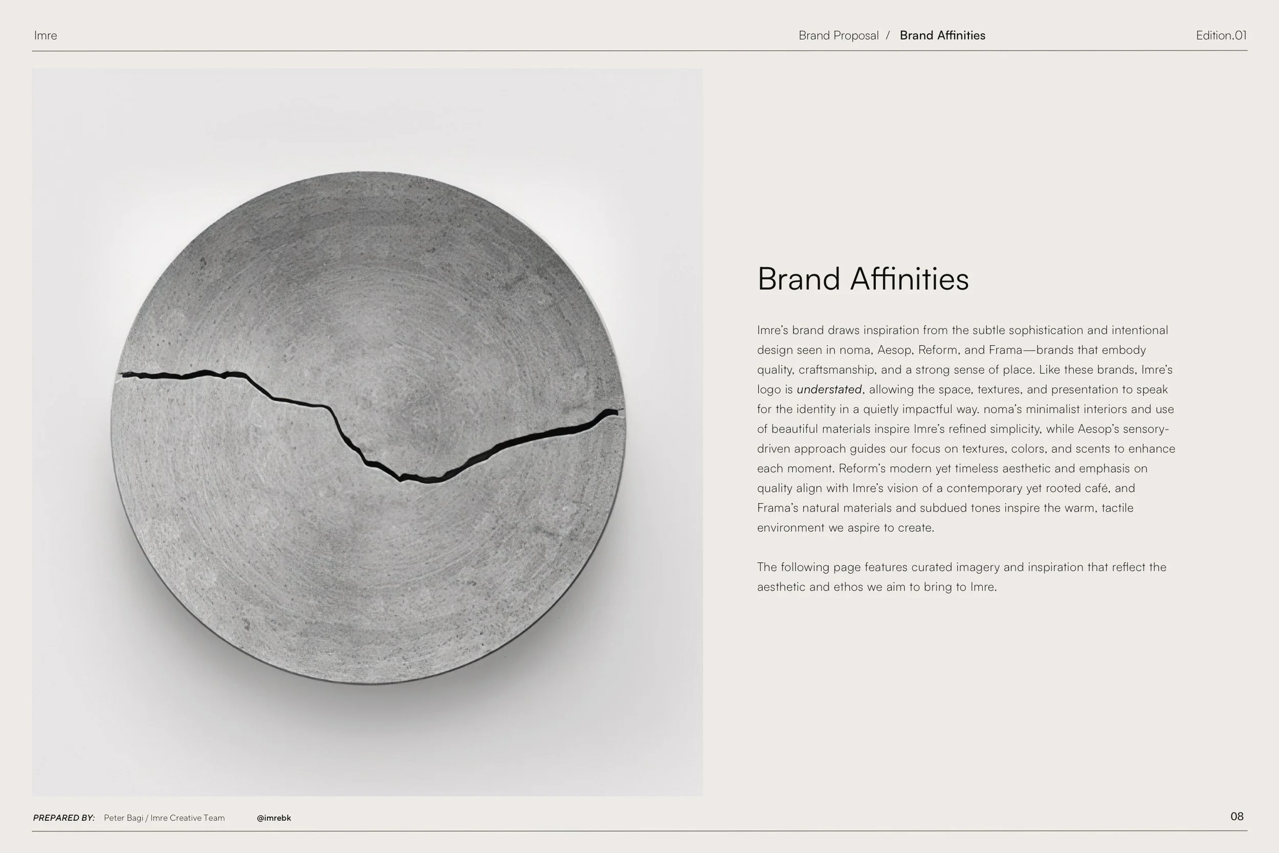 A printed page featuring a circular gray concrete textured object with black lines across it, alongside a block of text titled 'Brand Affinities' describing design inspiration and aesthetic references.