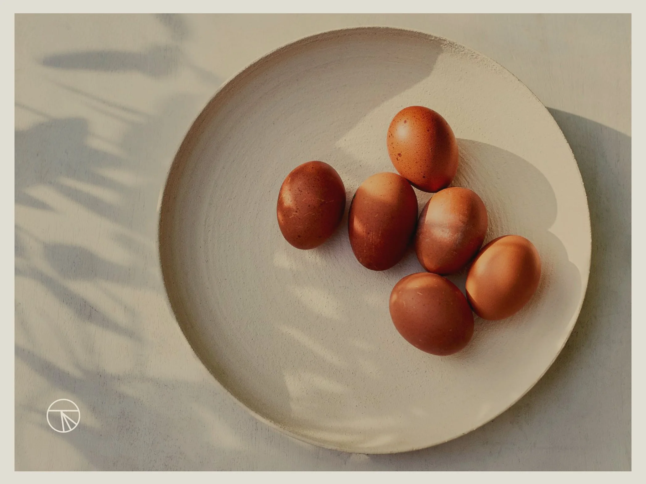 Six brown eggs placed on a white circular ceramic dish with shadows cast on a pale surface.