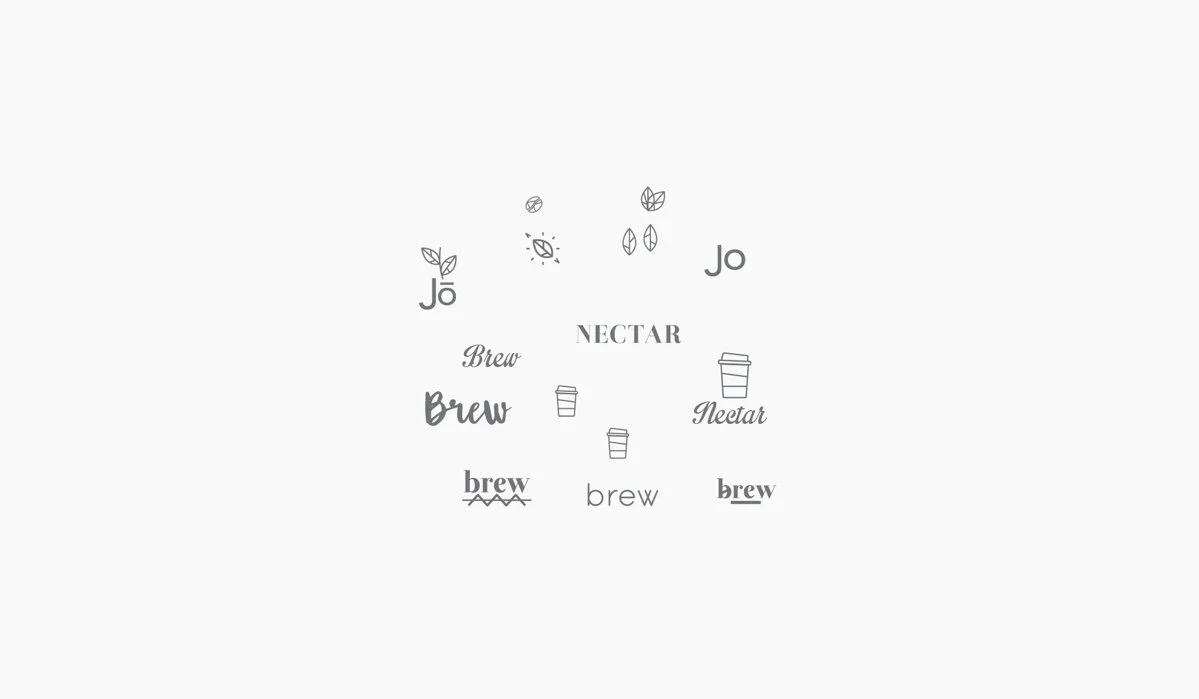 Design with a centered word 'NECTAR' and various styles of the word 'Brew' surrounding it, along with small icons of coffee cups, leaves, and a small decorative element, all in grayscale on a light background.