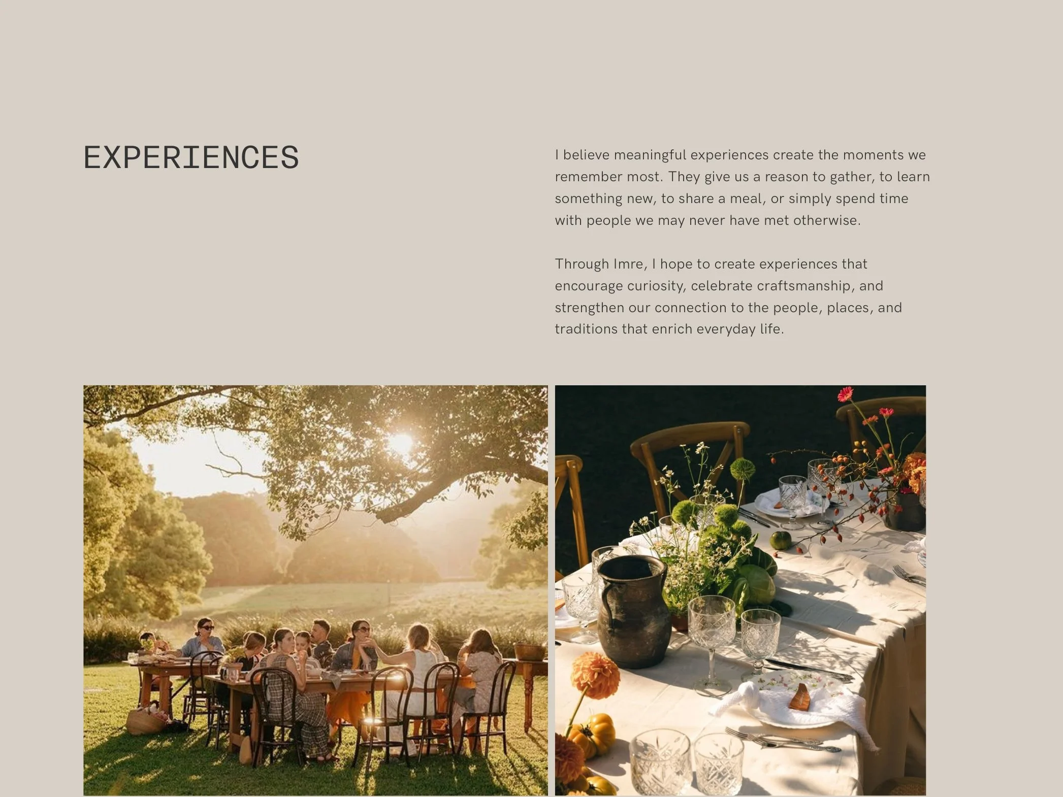 A collage of four images: A group of people dining outdoors during sunset, a table set with autumn-themed decorations and candles, a scenic view of trees and sunlight, and a close-up of a decorated dining table.