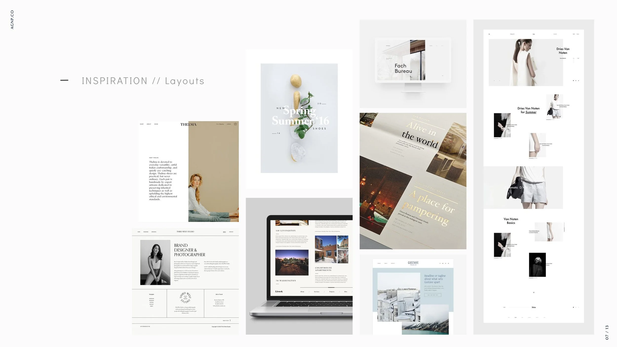 A collage of website mockups and magazine pages with clean, modern designs featuring text about inspiration, layouts, and summer themes.
