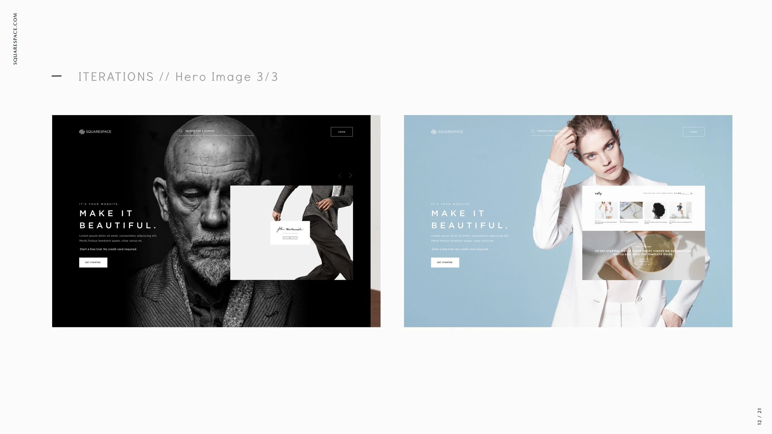 Comparison of two website templates featuring large portraits of models, one in black and white and the other in color, with text overlays promoting website design and customization.