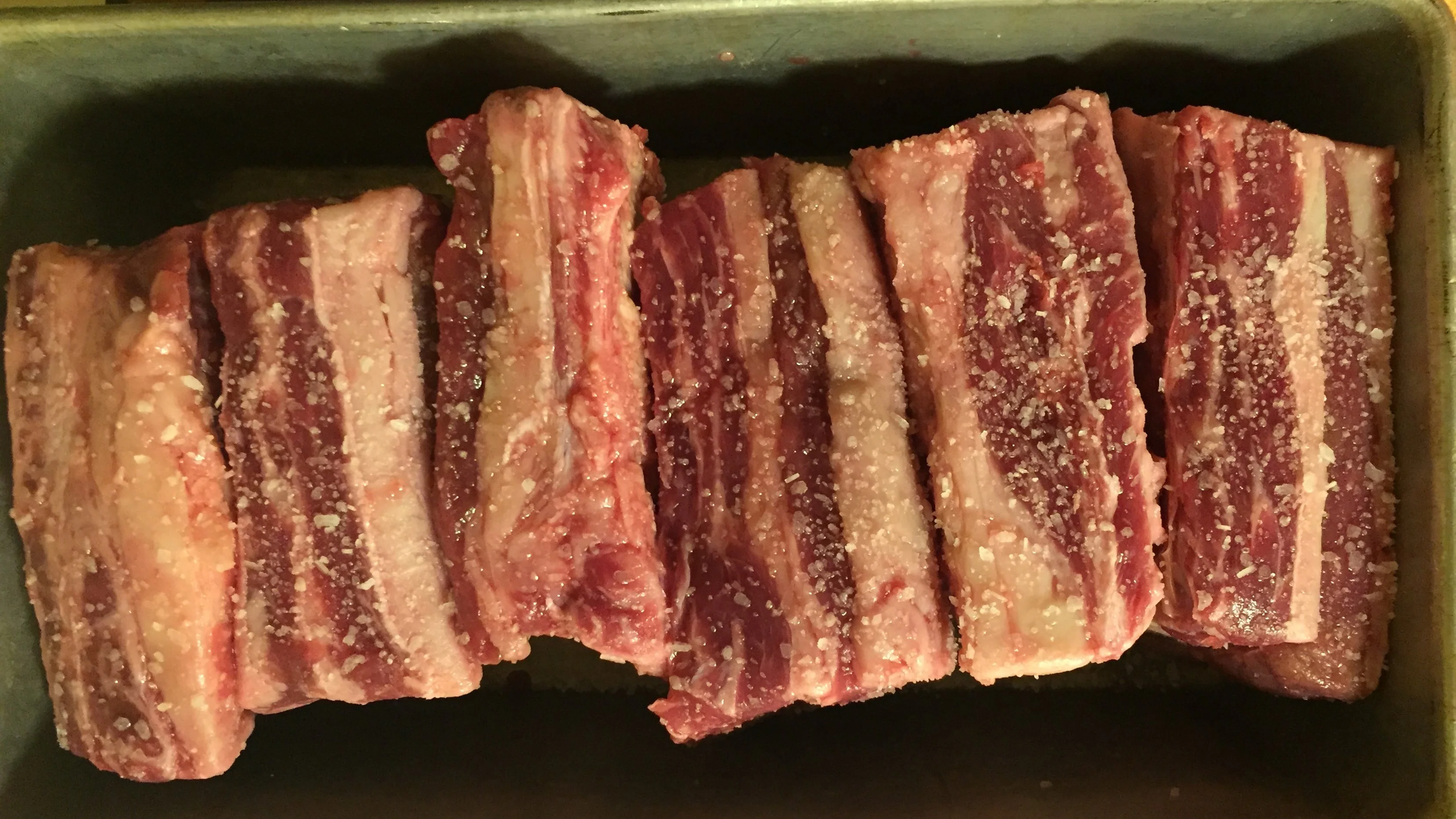 Raw beef ribs seasoned with salt, stacked in a green roasting pan.