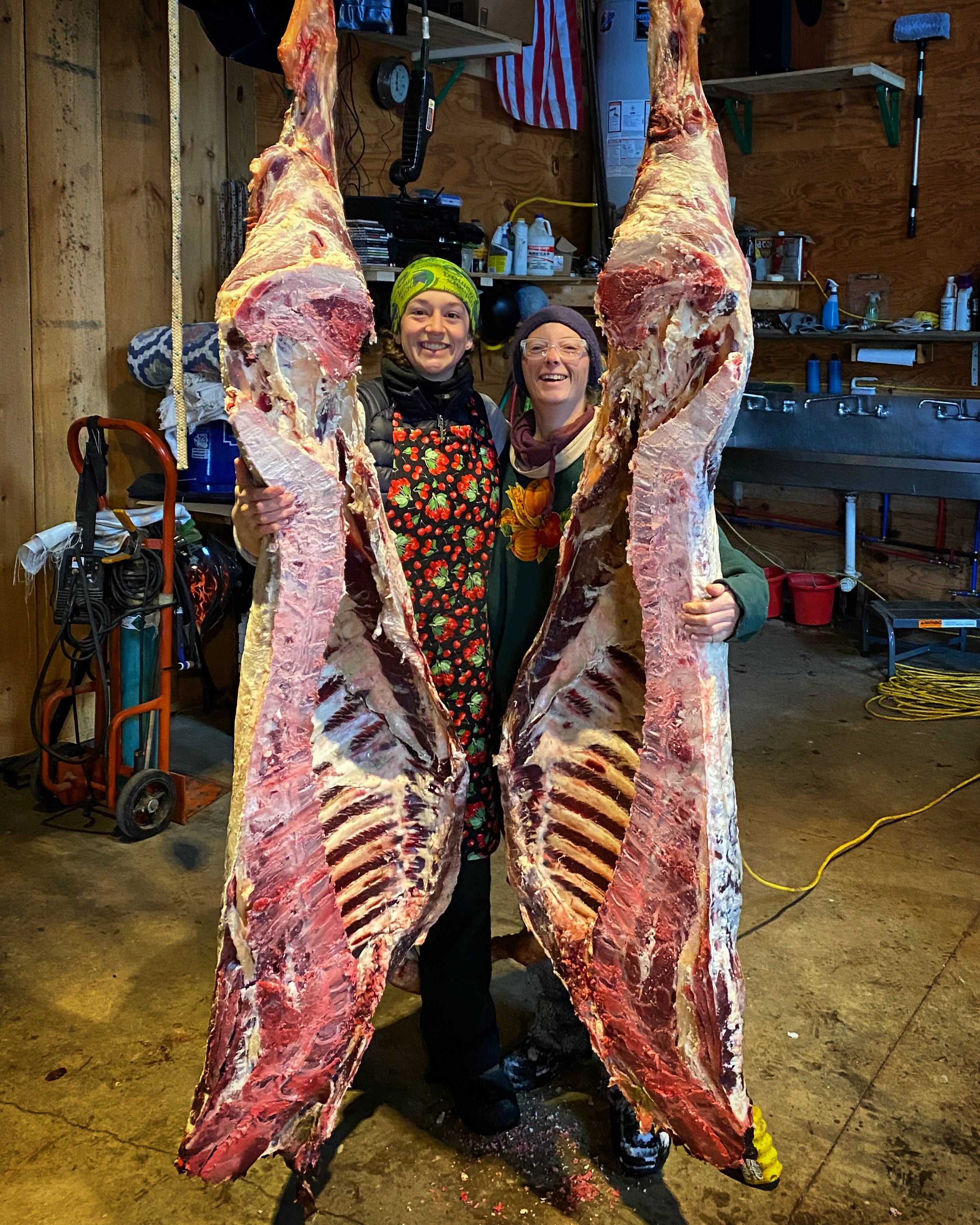 Two people standing inside a wooden shed, holding large animal carcasses split into halves, with a workshop and tools in the background.
