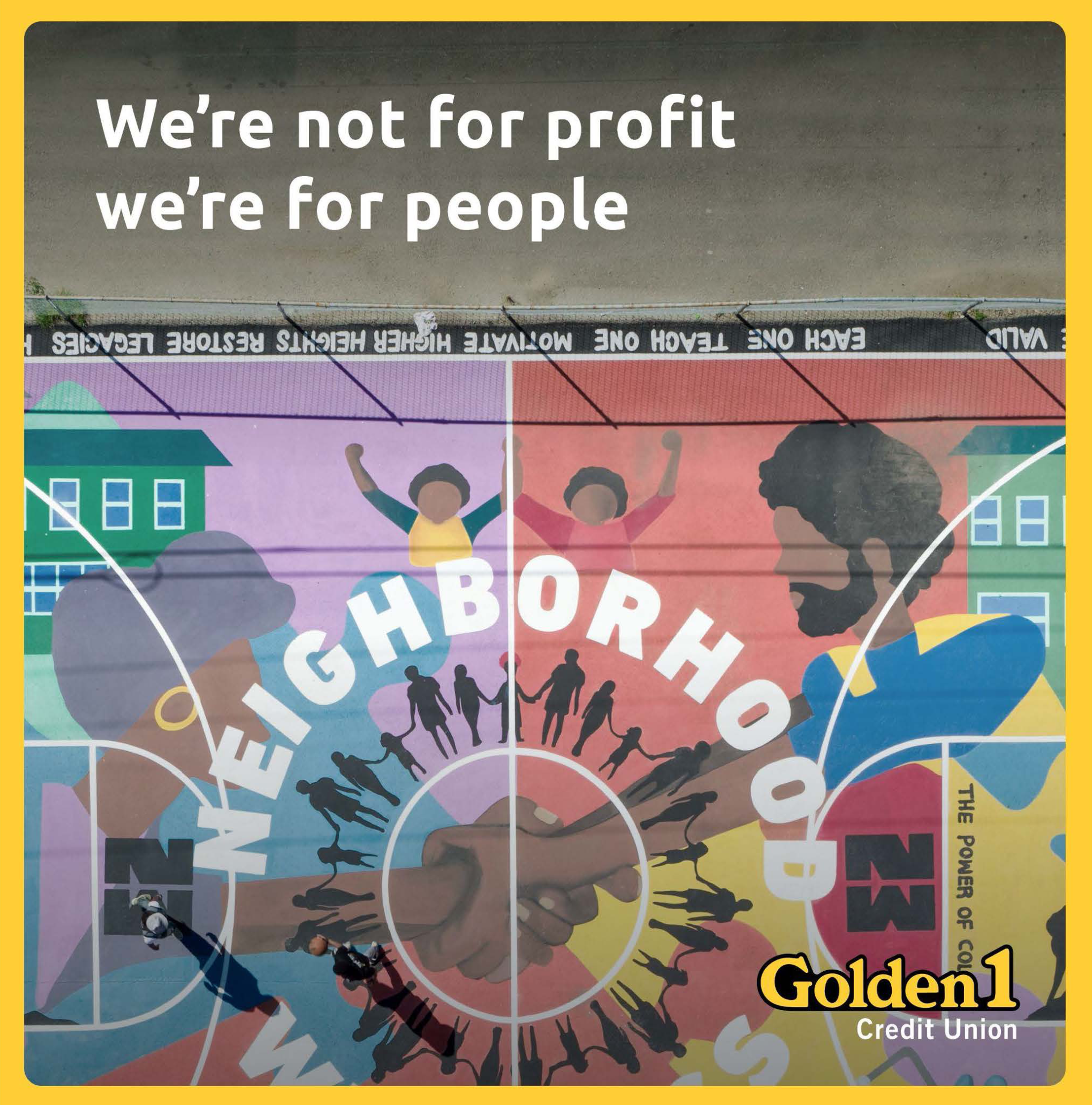 A mural with the slogan 'We're not for profit, we're for people' and a central graphic of handshake encircled by silhouettes of diverse people holding hands, representing community and unity, with the words 'NEIGHBORHOOD' and 'THE POWER OF COLLABORATION' displayed.