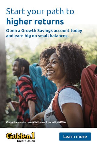 Advertisement featuring a smiling woman with a backpack outdoors with two people in the background. Text reads: "Start your path to higher returns. Open a Growth Savings account today and earn big on small balances." Golden 1 Credit Union logo and "Learn more" button present.