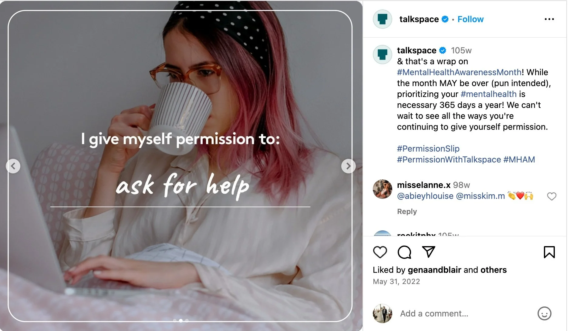 A person with pink hair sips from a mug while using a laptop. The text reads: "I give myself permission to: ask for help."