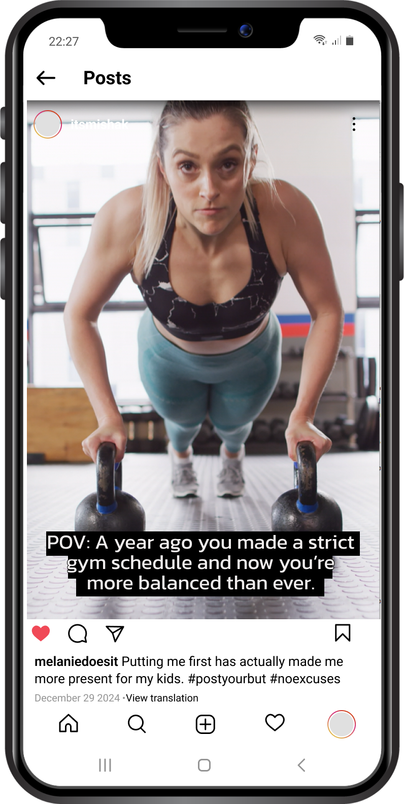 Strong woman working out facing the camera with a point of view caption